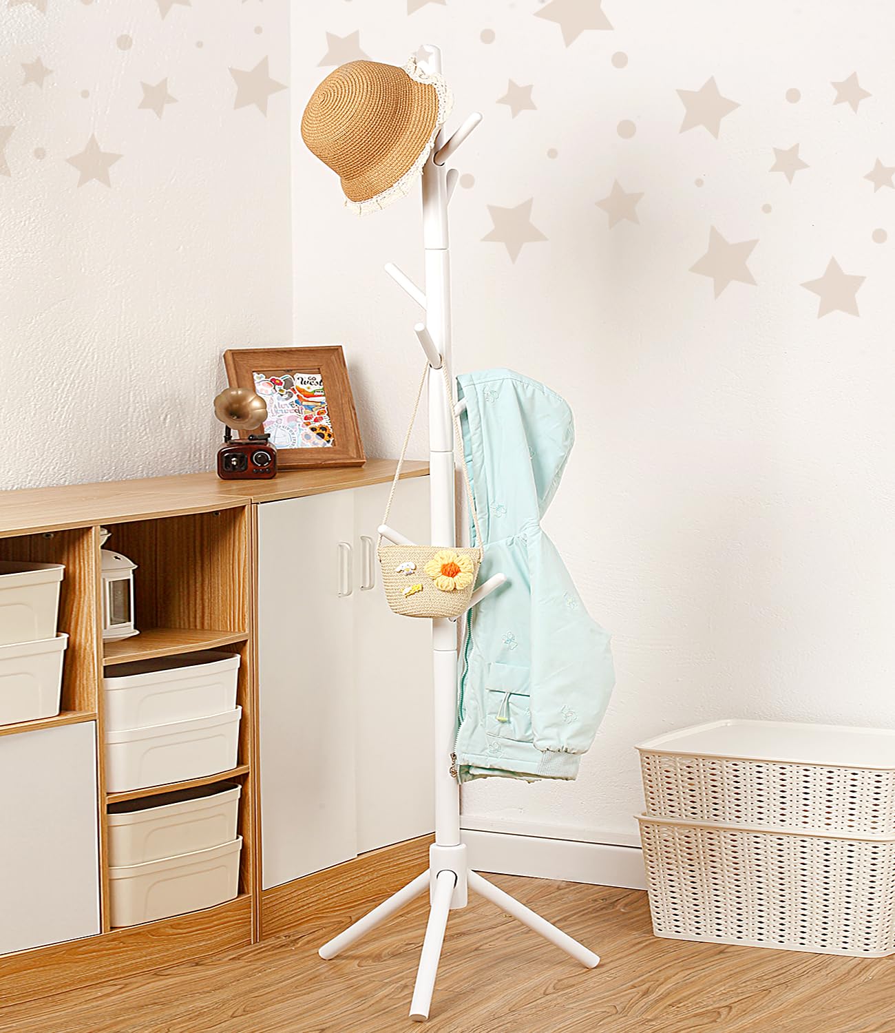 Porte-manteau en bois de hêtre pour enfants – Support réglable en hauteur avec 9 crochets, organiseur de vêtements pour enfants autonome pour couloir, chambre à coucher, assemblage facile,