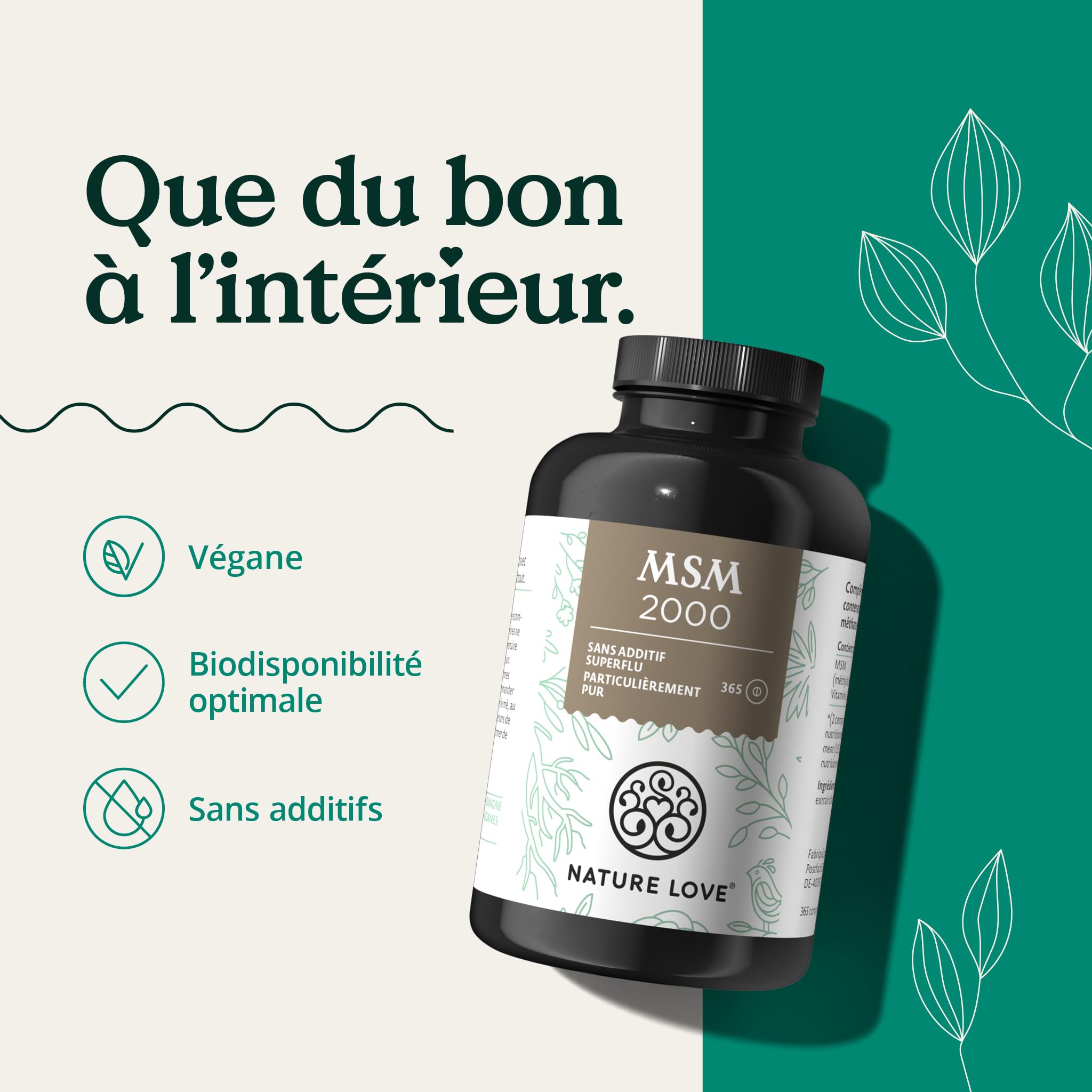 NATURE LOVE® MSM 2000mg avec vitamine C - 365 comprimés testés en laboratoire - poudre de MSM plus compacte qu’avec des gélules - sans additifs, hautement dosé, végane, produit en Allemagne