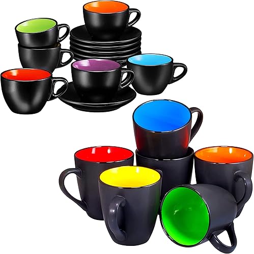 Bruntmor Juego de 6 tazas de capuchino con platillos de 6 onzas, color negro mate y de cerámica de 16 onzas, tazas de café negras mate para