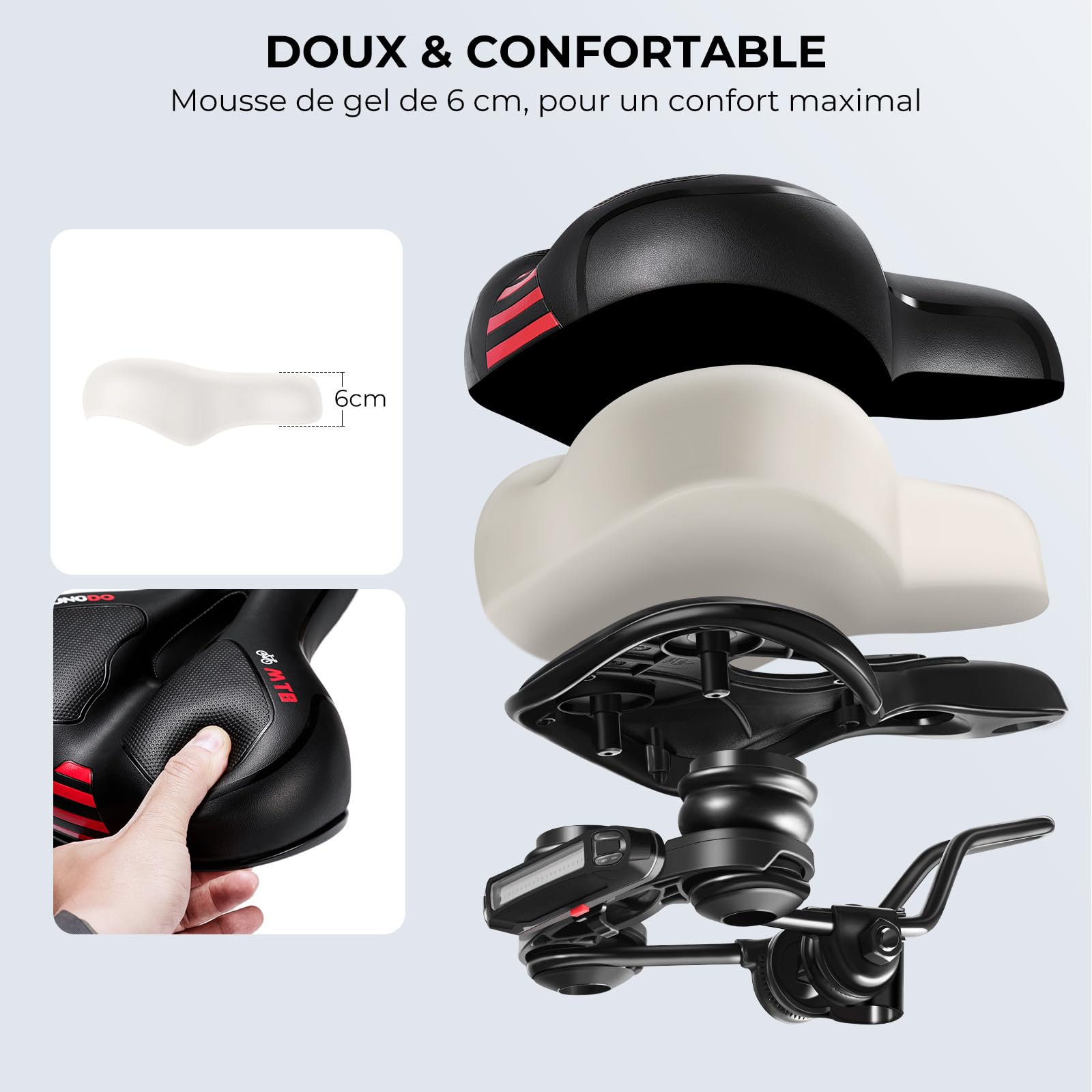 YOUNGDO Selle de Vélo Ultra Confortable, Selle Vélo avec Feu Arrière, Selle Velo Confortable avec Boule d'Amortisseur à Double Ressort, Imperméable, Doux, Respirant, pour Vélo de Ville/VTT