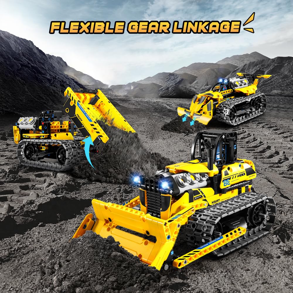PLAXSOON Technik Ferngesteuertes Baufahrzeug Bauspielzeug für Jungen ab 8+ | 3-in-1 RC STEM Bulldozer Kipplaster Klemmbausteine mit Wiederaufladbare Akku, Weihnachten Geschenk für Kinder(452 Stück)