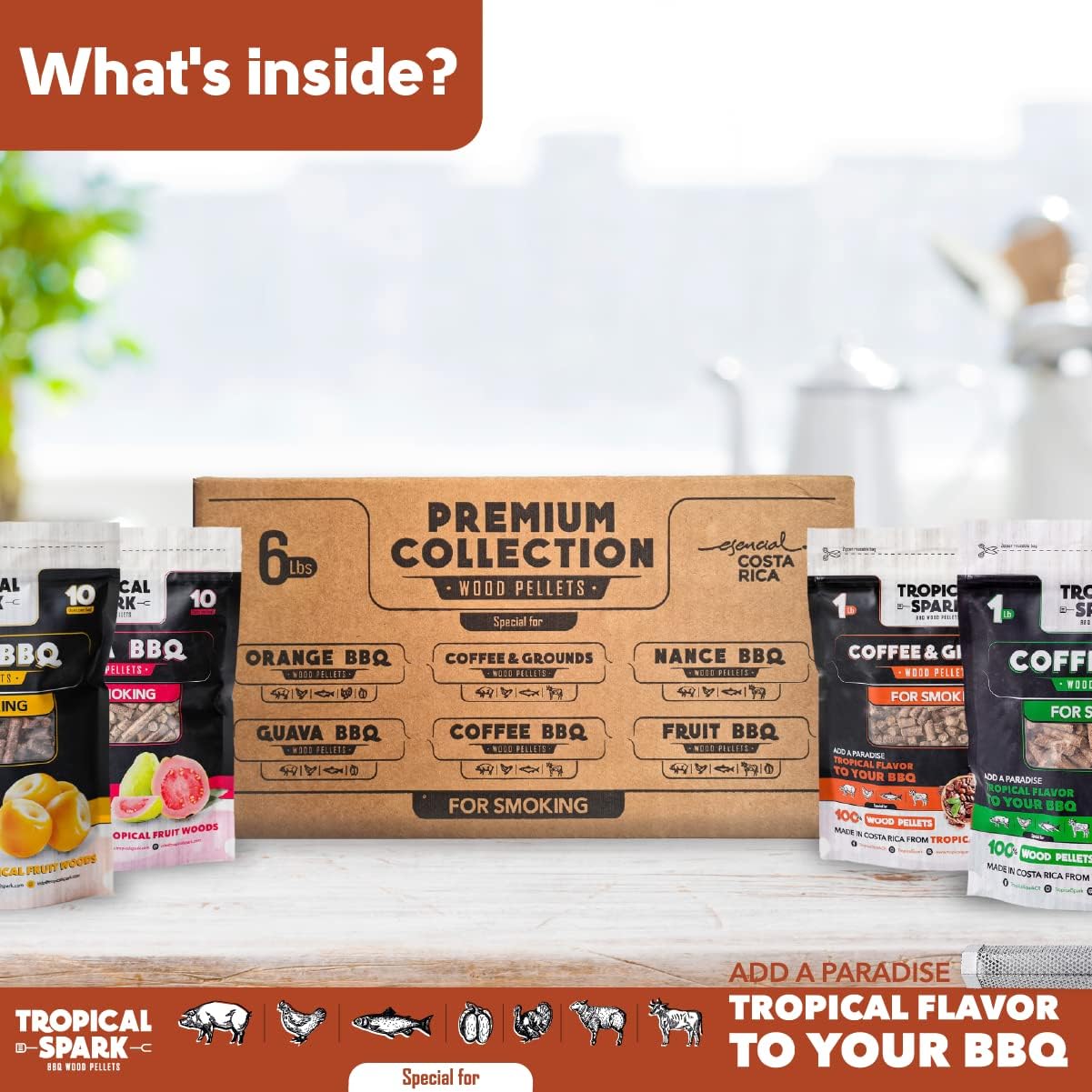 Tropical Spark BBQ Wood Pellets Premium Collection 6 Units | Perfect for BBQ, Smoking, Grilling, Bake, Roast and Braise | All-Natural Flavored Hardwood | 1 lb. Bag Each : Patio, Lawn & Garden