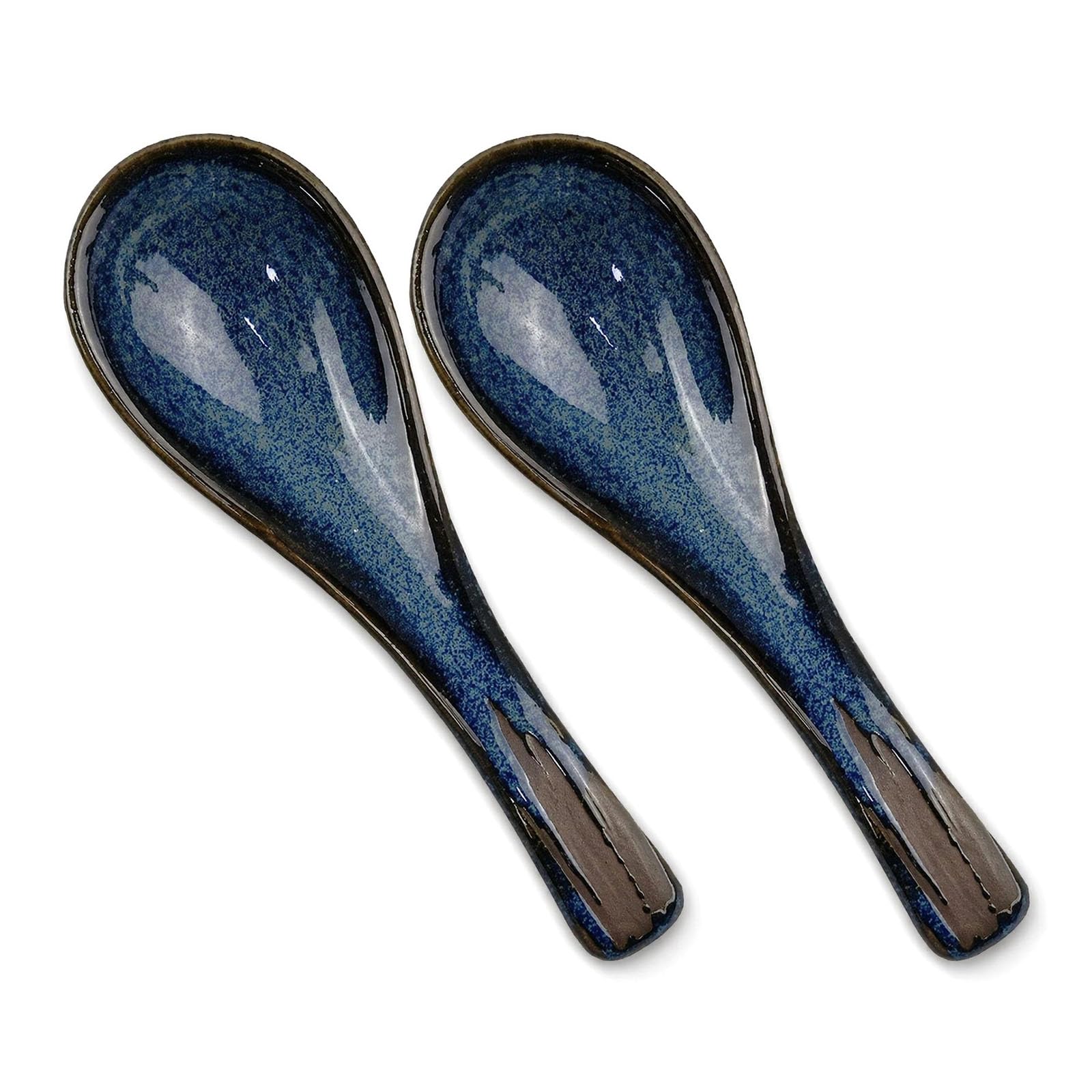 2Pcs Ceramic Ramen Spoon, Retro Blue Japanese Style Soup Spoons for Pho, Udon, Dumpling and Miso, Chinese Porcelain Rice Spoon, Dishwasher Safe