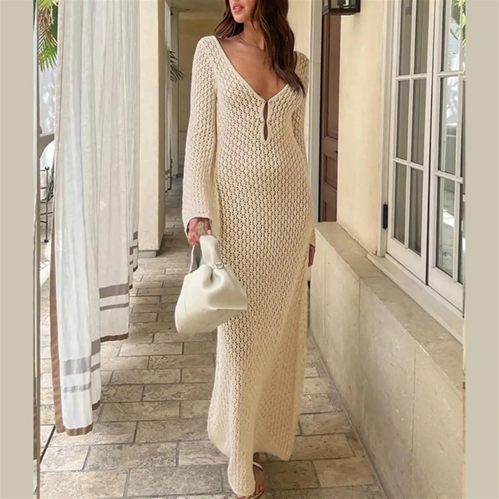 Vestido Playa Mujer Ropa de protección Solar for Mujer, Vestido de Playa Elegante de Punto con Cuello en V y elástico en la Espalda Transparente for Verano para Usar Junto Al Mar(Light Blue,S)