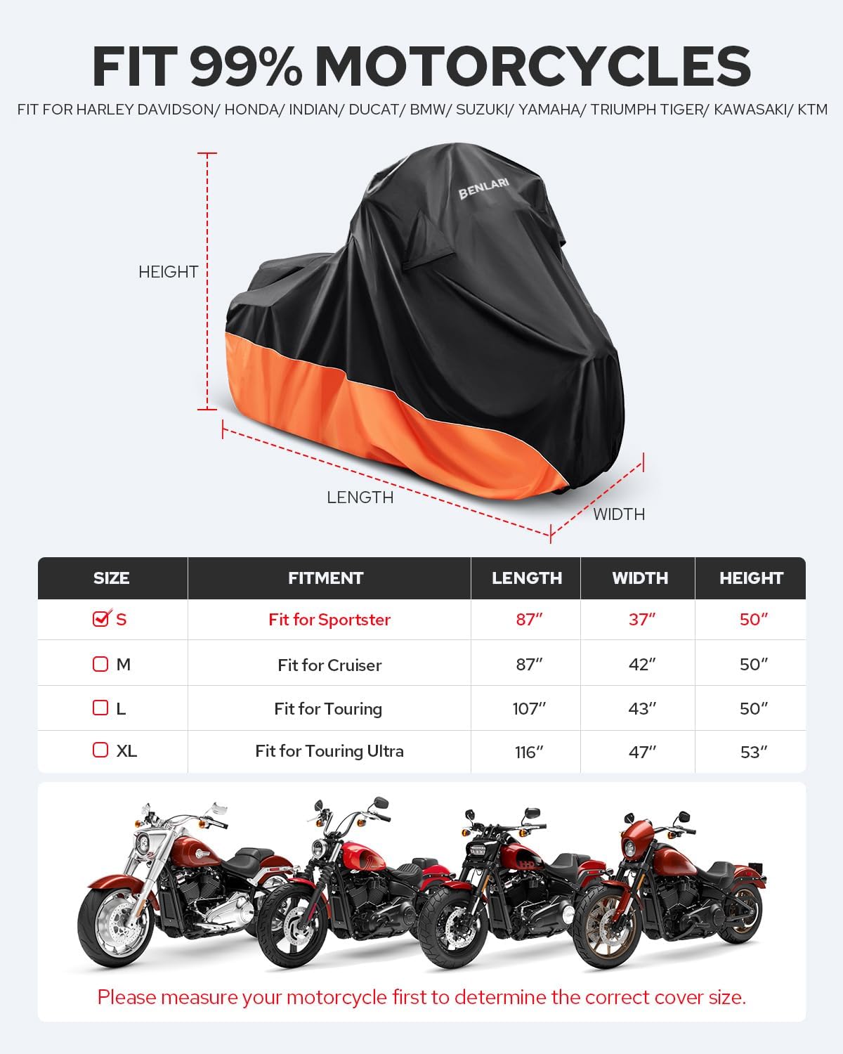Benlari Upgraded Waterproof Motorcycle Cover Compatible with Sportster, Iron 883, Forty-Eight, Nightster Special, Superlow, Superlow 1200T (87"x37"x50")