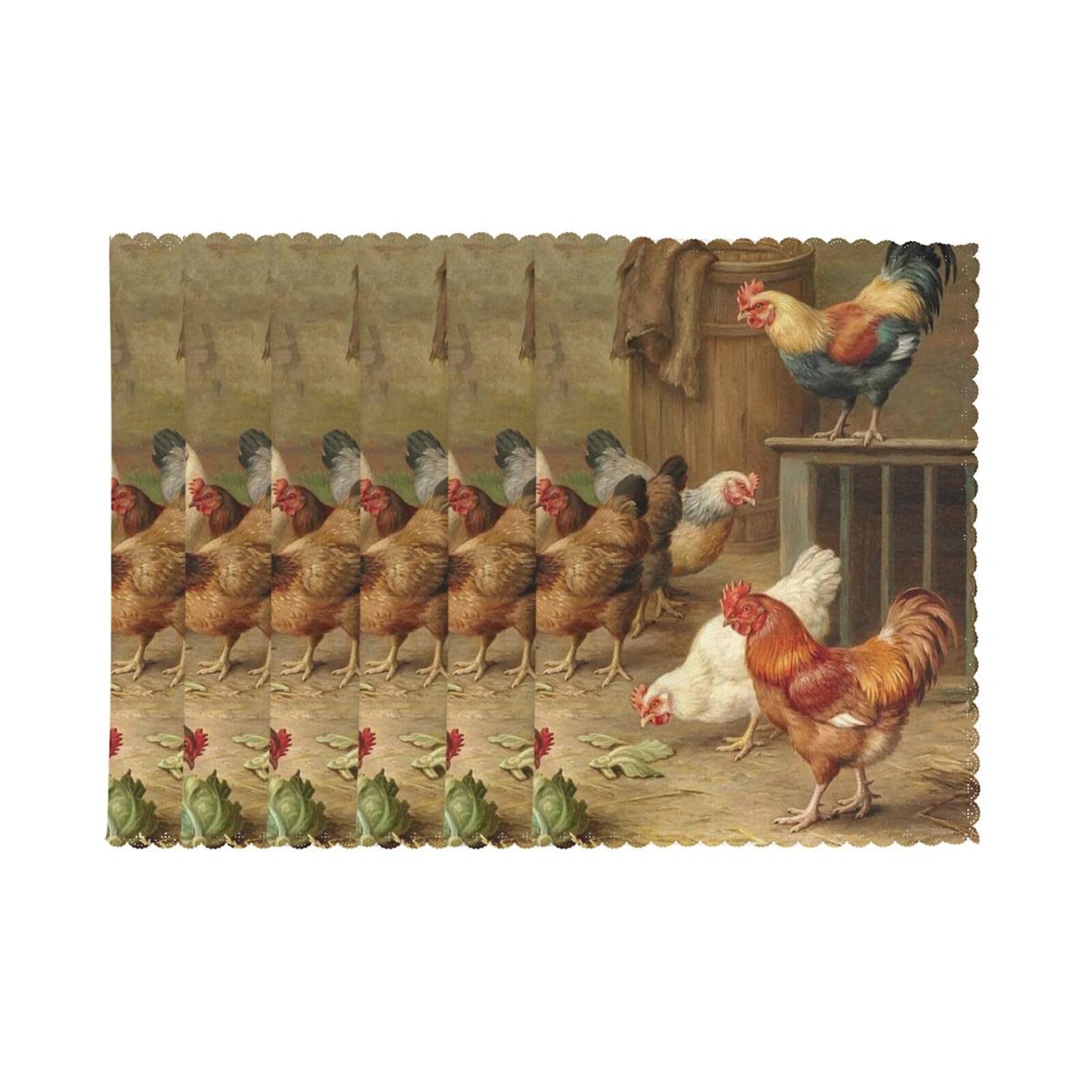 6 PCS Heat Resistant Placemat 45x30 CM, Farm Chickens Printed Non-Slip Place Mats for Kitchen Dining Table Indoor Outdoor