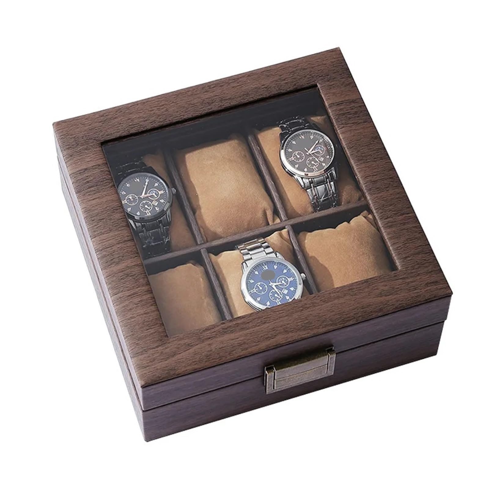 Holzmaserung PU-Leder Quadratische 6-Bit-Uhrenaufbewahrungssammlungs-Displaybox Uhrenschmuck-Aufbewahrungsbox Herren-Schmuckschatulle zur Aufbewahrung von Uhren