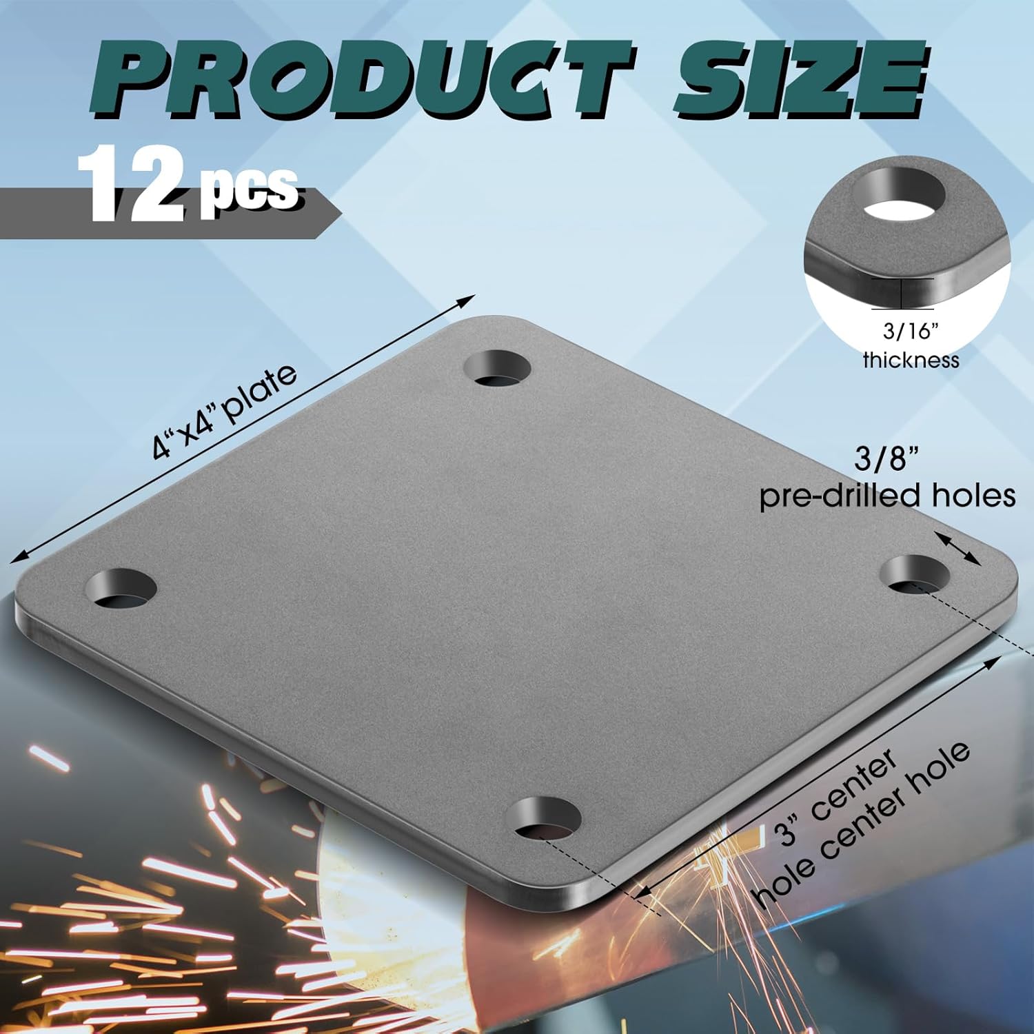12 Pcs A36 Steel Plate Hot Rolled Steel Plate Base with 4 Holes 3/8 Inch Diameter, 3/16 Inch Thick Weldable Metal Sheet for Structure Support and Industrial Use (4 x 4 Inch)
