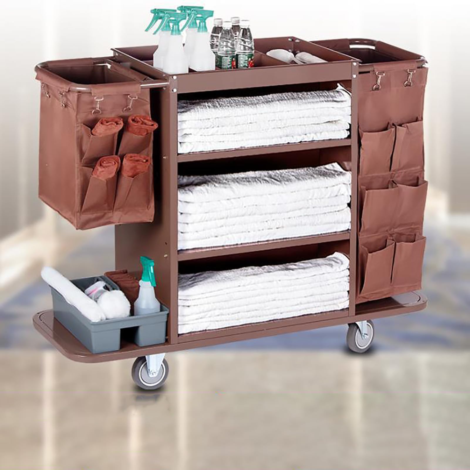 Carrello Commerciale per Pulizie con Ruote, Carrello per Hotel, Carrello per Il Servizio in Camera, Carrello Multiuso a Spinta Manuale, Marrone