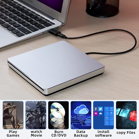 External DVD CD Burner Drive NOLYTH USB C DVD CD Player Reader CD/DVD-RW Writer for Mac/PC/Laptop Windows10(Silver)