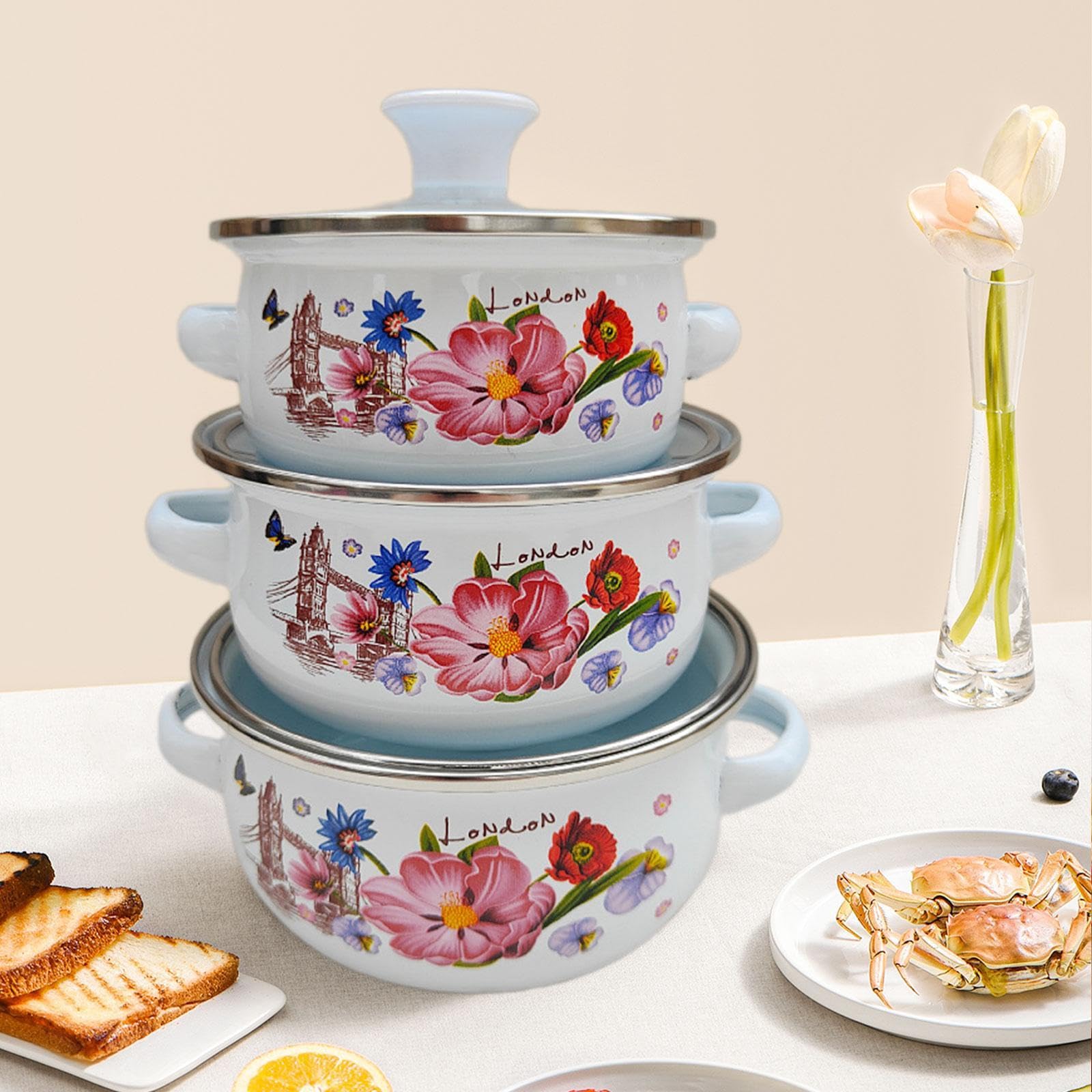 Baoblaze 3X Enamel Stockpot avec Couvercle de Soupe Profonde Pot antiadhésif en émail d'émail, A