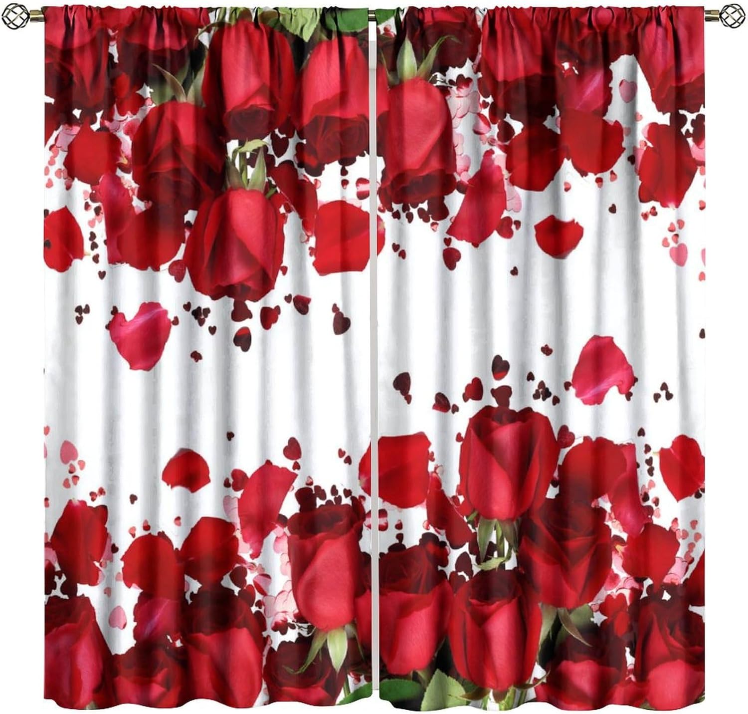 Rose Curtain, Red Rose Petal Plant Print Romantic Home Decor Bedroom Living Room Kitchen Rod Pocket Window Treatment 2 Panel Set Total Size 52" W X 84" L Inch