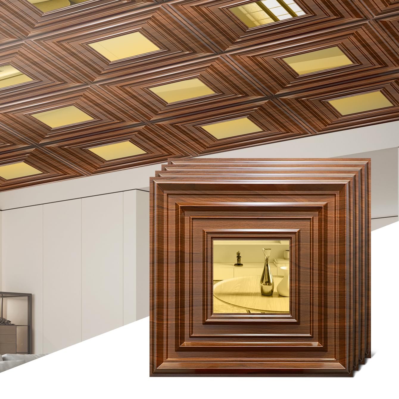 Espejo dorado en azulejos de techo de PVC con paneles 3D de madera geométrica