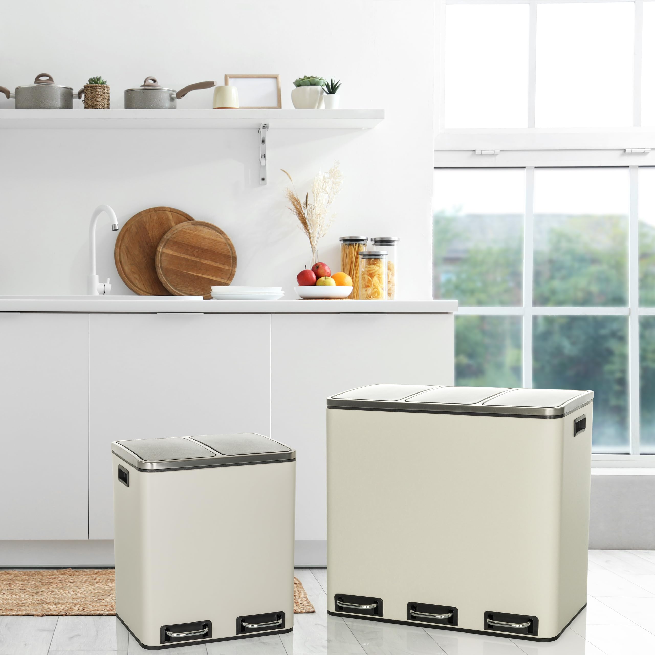 hjh OFFICE Cubo de basura 2x15L CLEAN IX Sistema de separación de residuos con 2 compartimentos, cubo de basura de pedal con cierre suave, metal beige