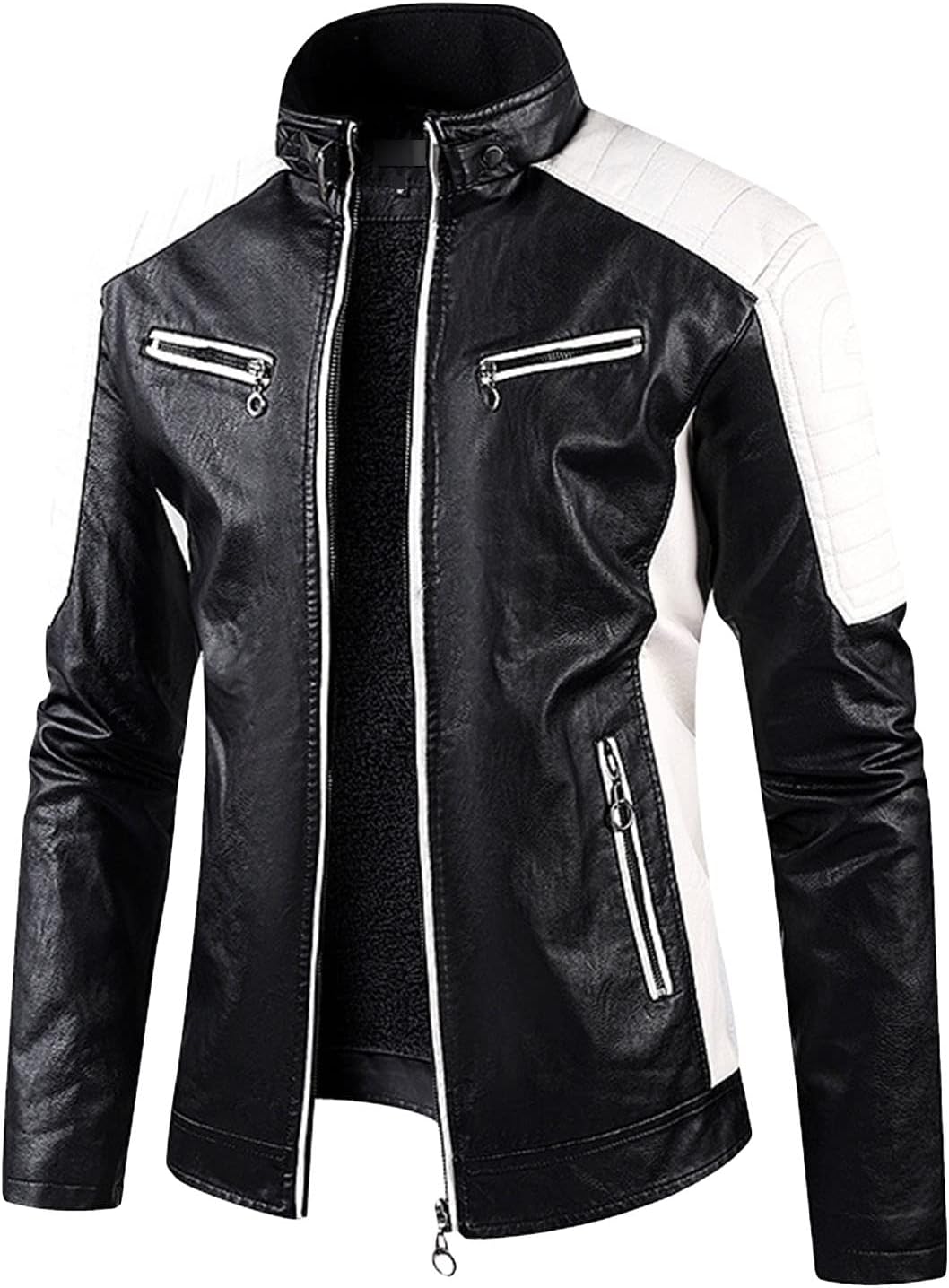 JEsilunmaMY Men's Slimming Leather Jackets Stand Collar Zip Up Casual Bomber Jacket Fleece Lined Warm Motorcycle Biker Coat