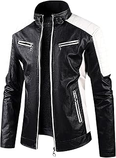 Maiyifu-GJ Mens Motorcycle Vintage PU Stand Collar Coat Fleece Lined Faux Leather Jacket Zip Up Slim Fit Biker Jacket Outwear (Black,Small)