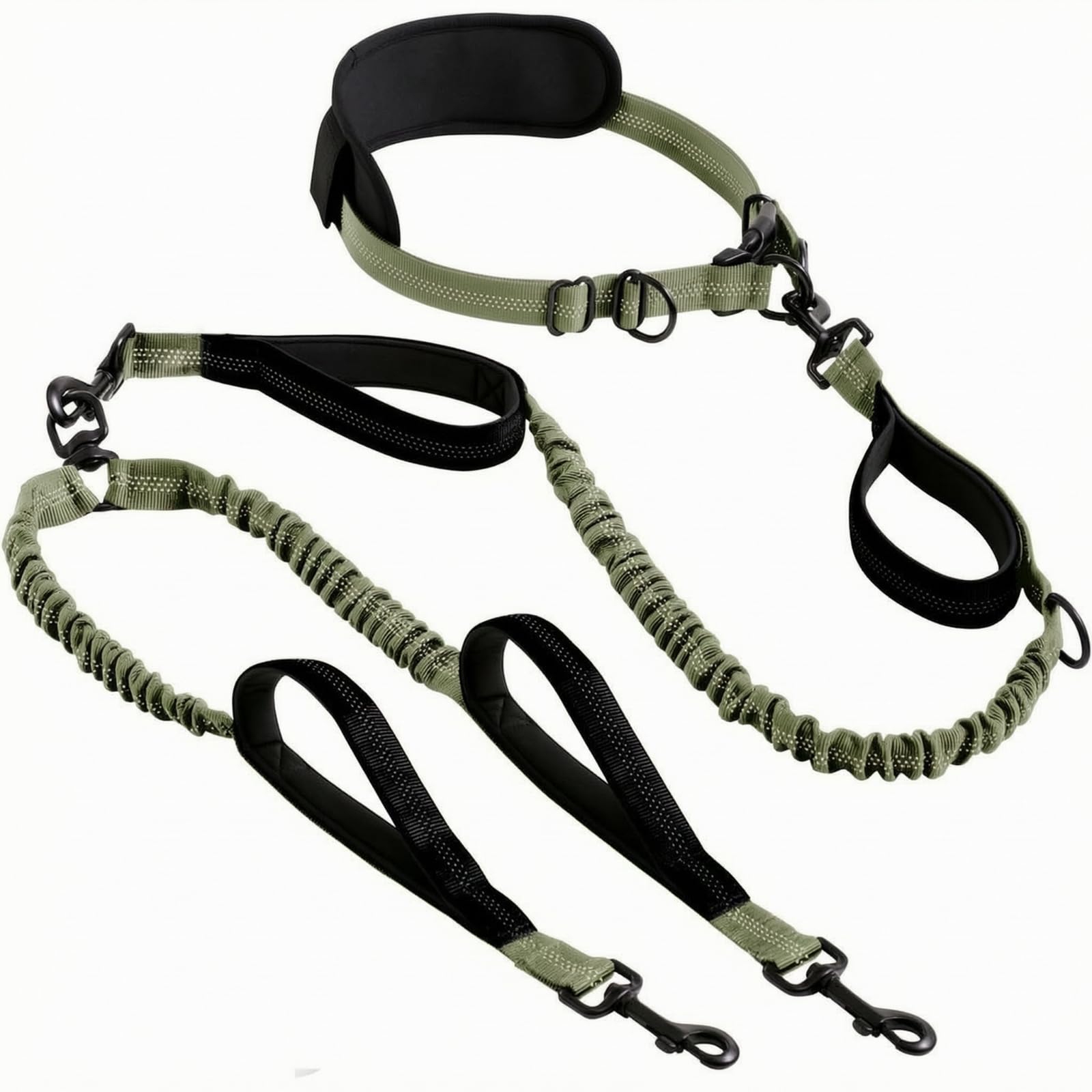 Guinzaglio a Doppia Testa Guinzaglio Cintura d Guinzaglio Elastico con Bungee Guinzaglio per Cani con Cintura in Vita con Maniglie per Controllo, Verde Militare