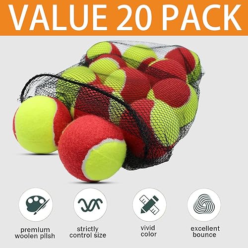 Miniatura 5 de Paquete de 20 pelotas de tenis de baja compresión para principiantes, jóvenes, niños, entrenamiento con bolsa de malla para un fácil transporte