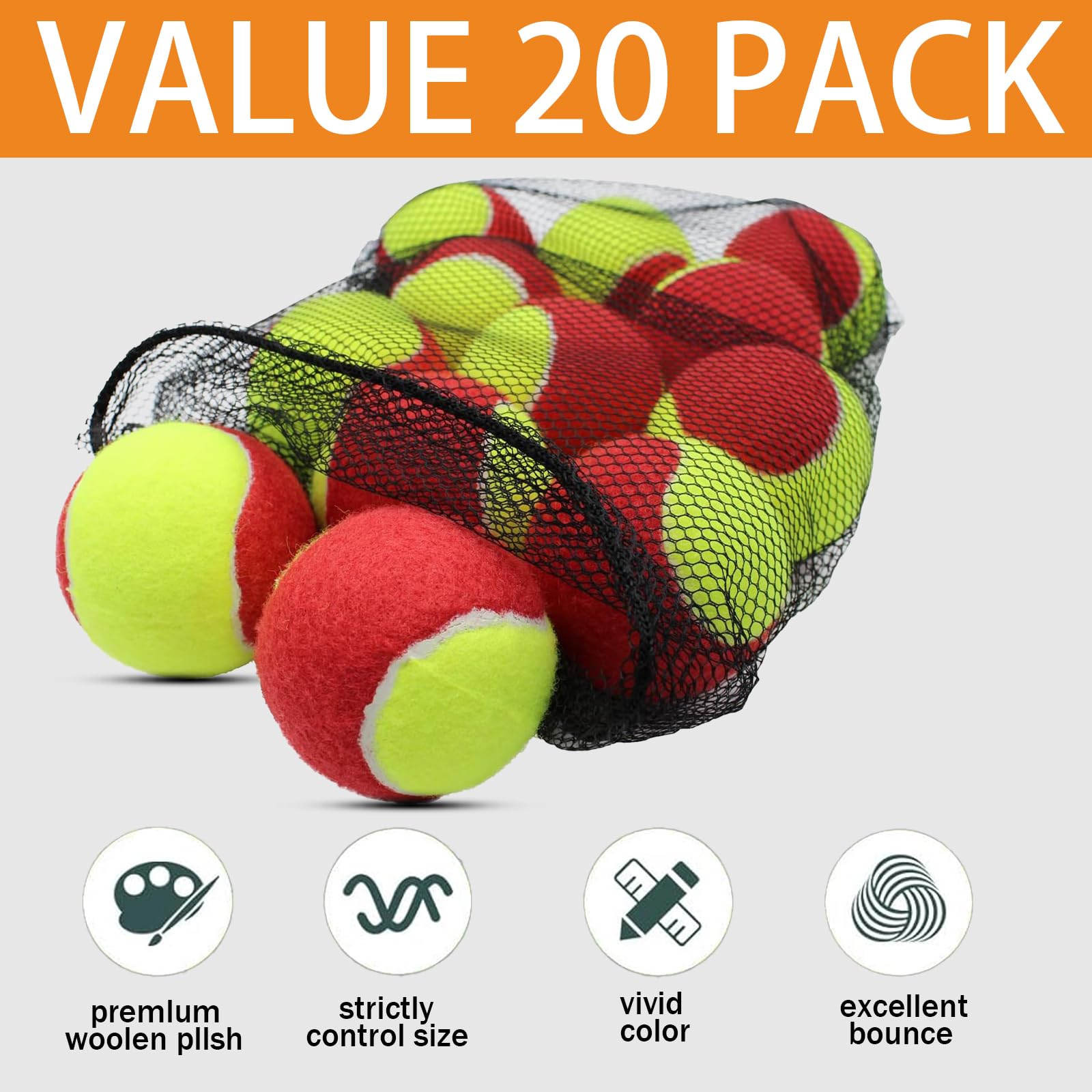 SHYUJAJIE Confezione da 20 palline da tennis 50% a bassa compressione per principianti giovani bambini allenamento pratica con borsa a rete per un facile trasporto