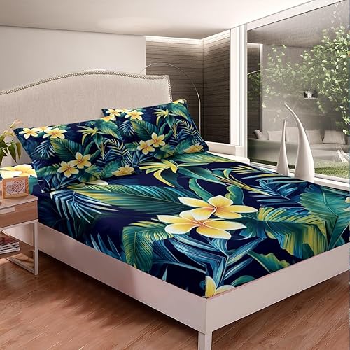 Miniatura 2 de Juego de ropa de cama de flores de hibisco, sábana bajera ajustable de acuarela de Shrubalthea, hojas de palma tropicales, decoración de ropa de