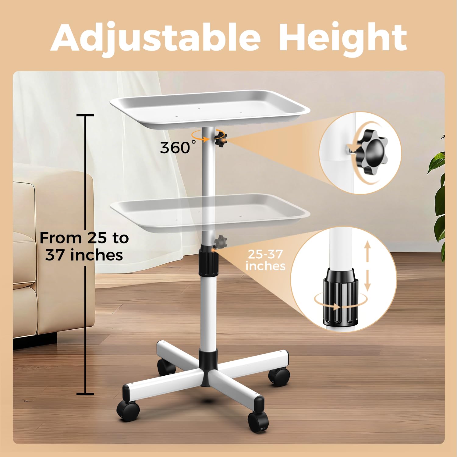 36" Salon Tray on Wheels White, Adjustable Height Tattoo Tray Cart image 2