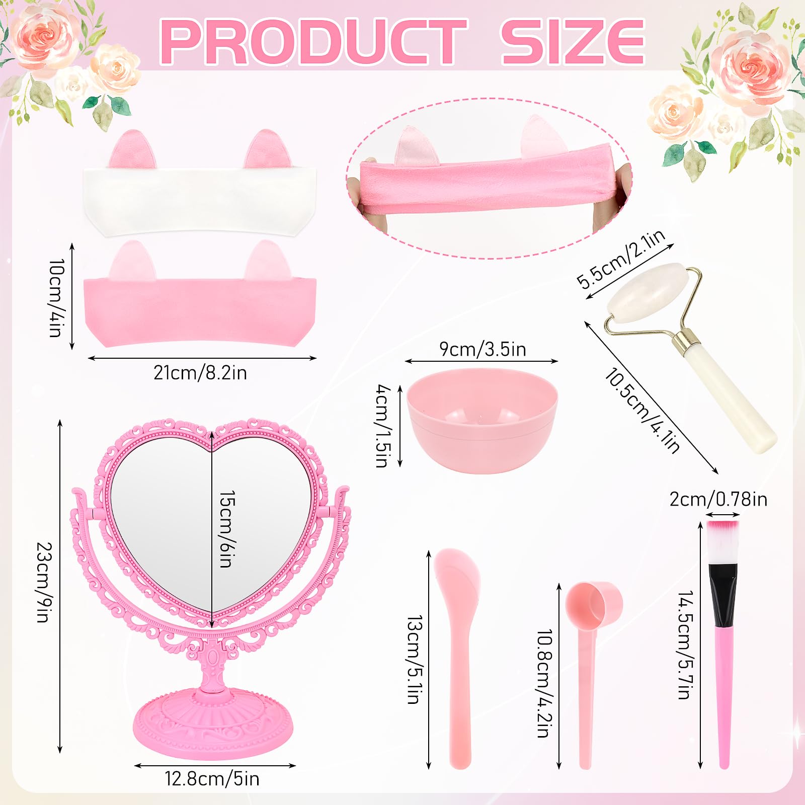 64 Stück rosa Spa-Übernachtungsparty-Zubehör, inklusive 8 rosa Herzspiegel, 8 Jade-Roller, 8 Gesichtsmasken-Applikator-Pinsel, 8 Schleifen-Haarbänder, 8 Rührschüsseln, Hautpflege-Werkzeuge für Spa