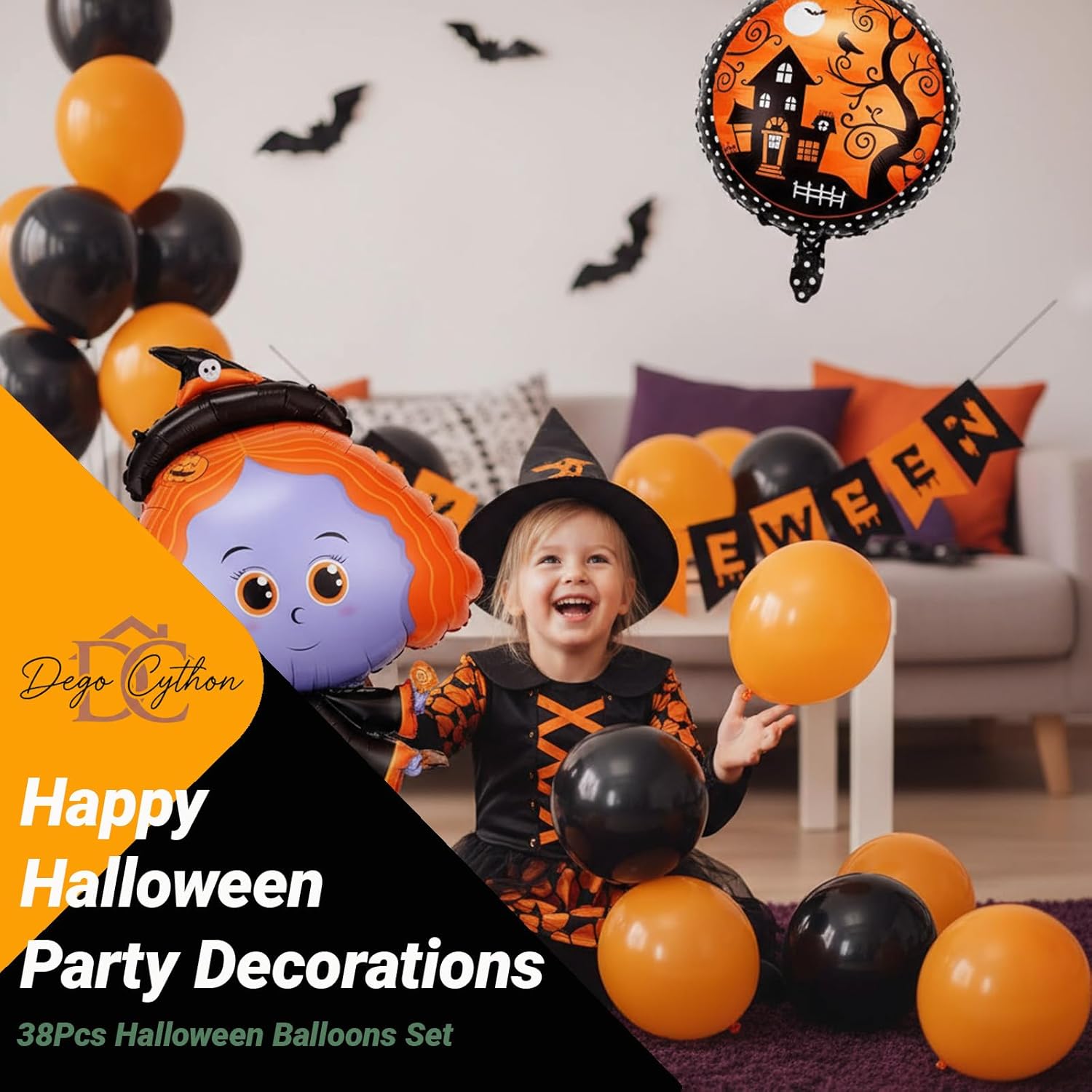 Spooky Halloween Party Decorations Kit - 38 Piece Halloween Balloons with 33 Inch Witch Foil Balloon, Banner & Bat Stickers | Ideal for Indoor/Outdoor Party Supplies & Trunk or Treat Decorations
