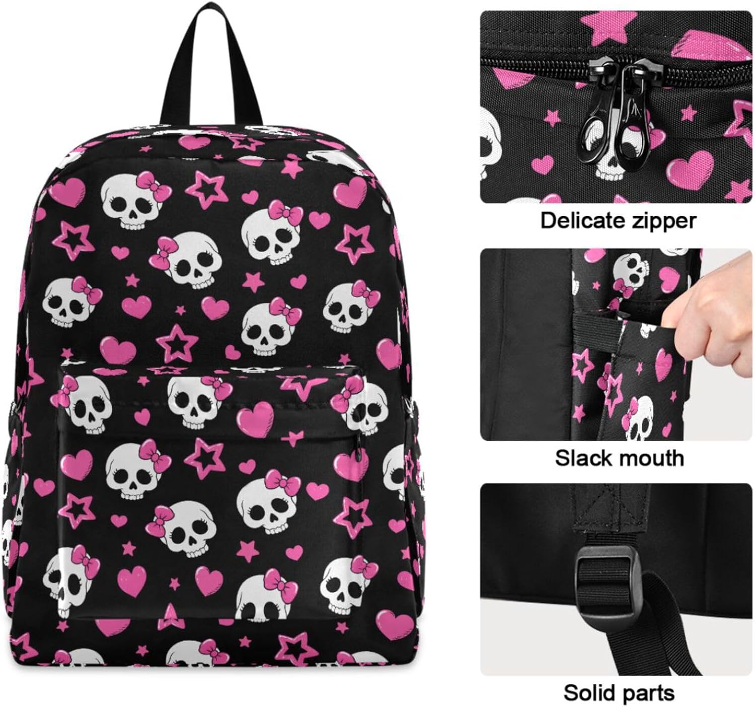 MNSRUU Student Backpack for School Pink Hearts and Skulls Laptop Backpack Aesthetic School Bookbags Casual Daypack Backpack Fits 15.6 Inch Laptop