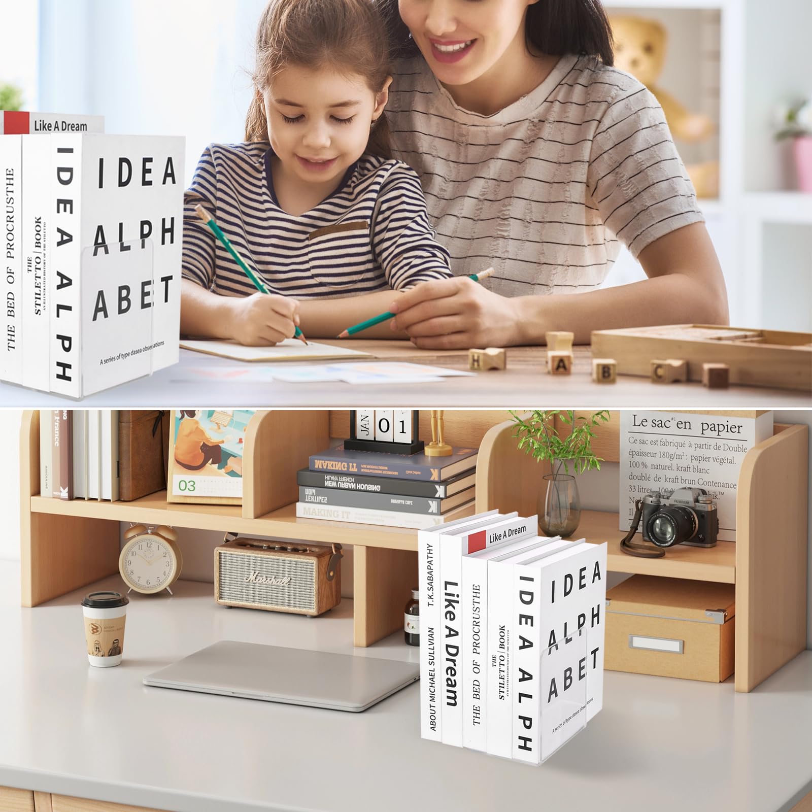 6 Pcs Sujetalibros de Acrílicos, Sujeta Libros Estanteria, Antideslizante Sujetalibros Estanteria Transparentes, Soporte Libros para Biblioteca Escuela Oficina Dormitorio Decoración de Escritorio