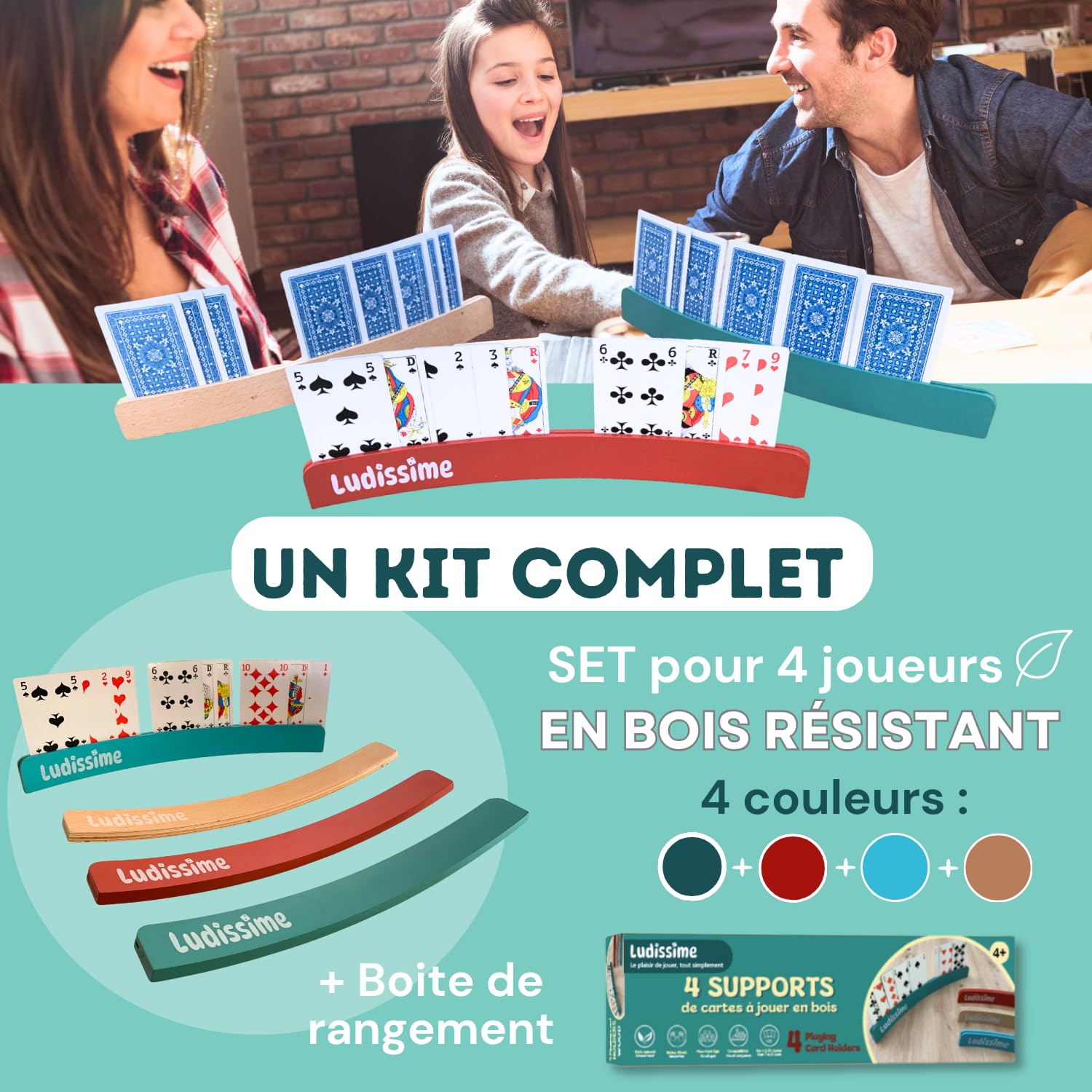 Porte cartes à jouer en bois 34 cm Lot de 4 - Accessoire belote tarot mains libres