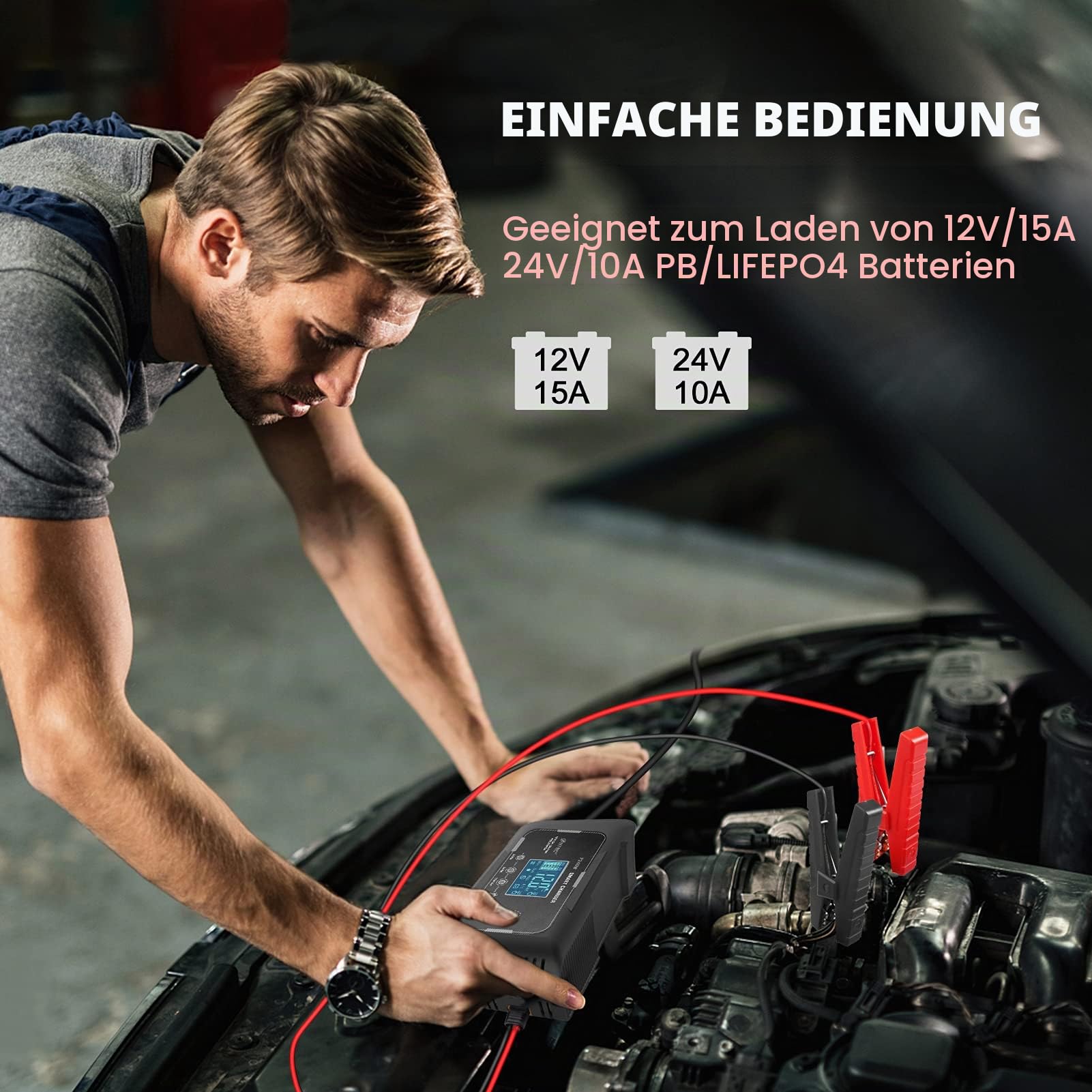 SolaMr 15A Auto-Batterie-Ladegerät, 12V und 24V Smart Automatic Battery Maintainer, Erhaltungsladegerät mit Temperaturkompensation für LKWs, Motorräder, Marine Lithium- und Blei-Säure-Batterien - P15