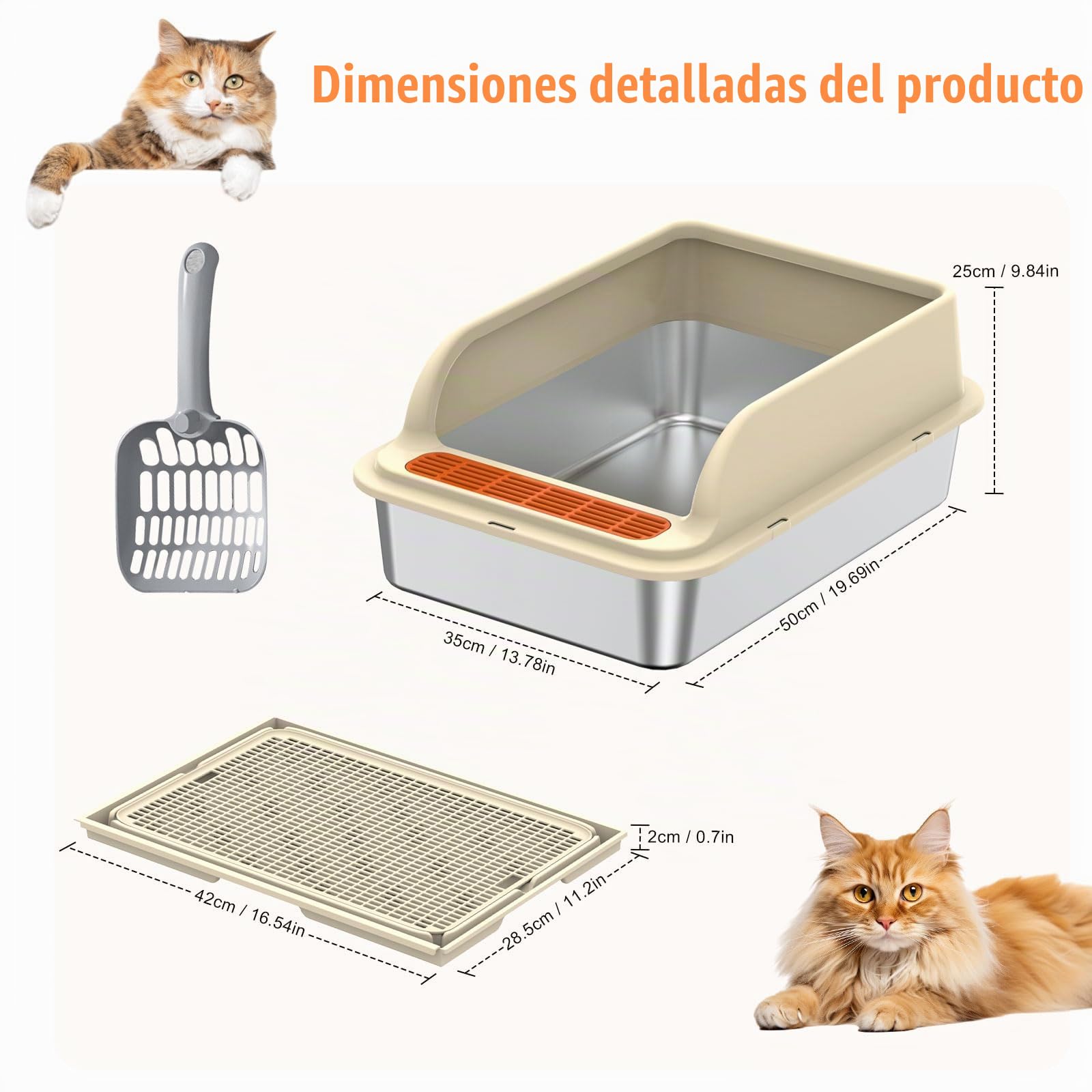 Arenero Acero Inoxidable Gatos, Arenero Gato Grande XXL con Protección contra Salpicaduras, Borde Alto Extraíble, Grande 50x35x25cm para Hogares Varios Gatos, Resistente a Los Olores Duradero (A)