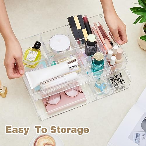 Miniatura 5 de Paquete de 3 bandejas organizadoras de cajones transparentes apilables de 13.7 x 8.7 x 2 pulgadas, divisor de cajones de plástico acrílico para