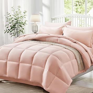 Zzlpp Queen Comforter Set 7 Piece, Pink Bed in a Bag with Comforters, Pillow Shams, Pillowcases, Flat Sheet, Fitted Sheet, 2 Side Pockets