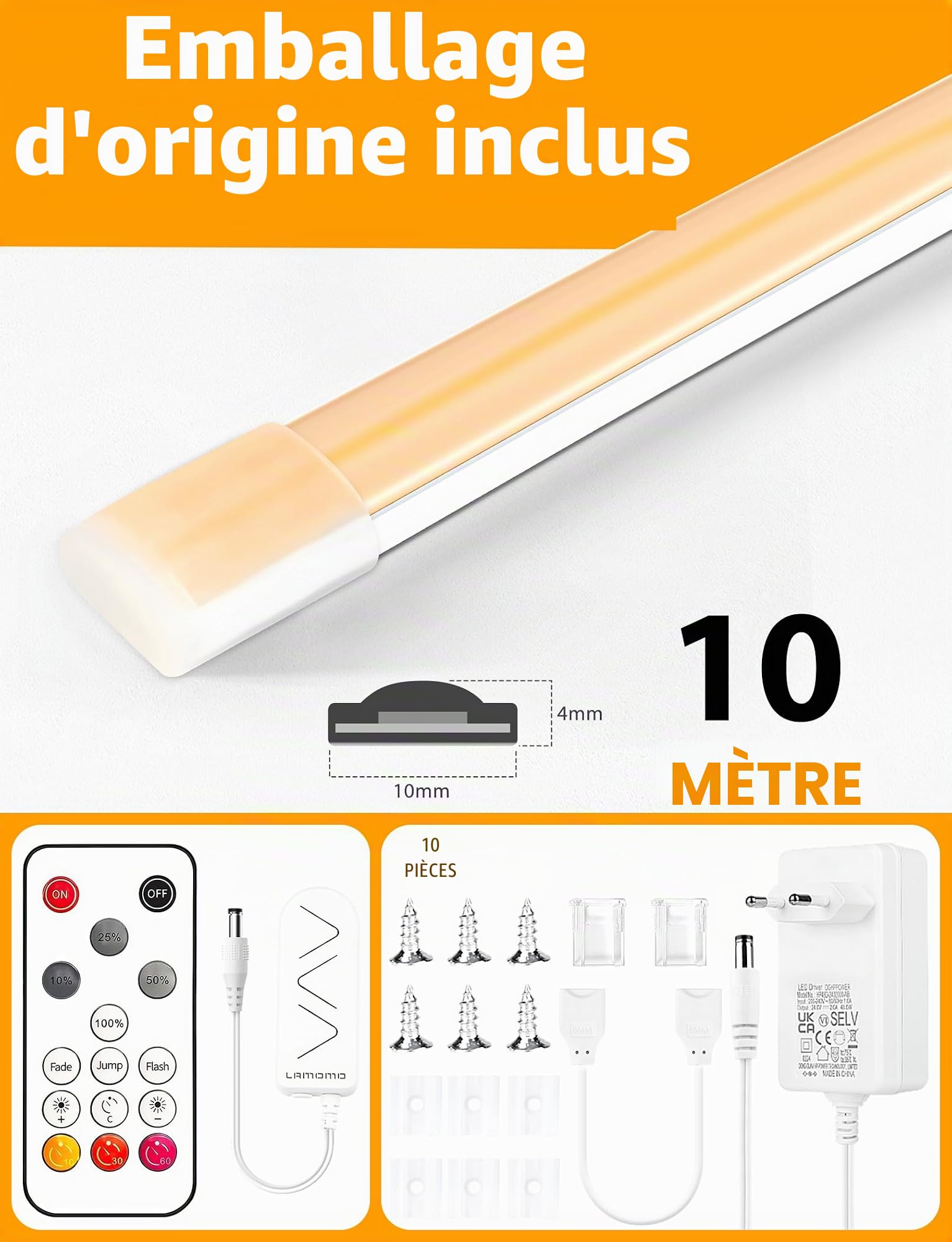 Lamomo Bandeau LED COB 10M, Blanc chaud Ruban Led avec Télécommande, IP65 étanche, Flexible, 3000K, Largeur 10mm, Dimmable, Silicone, Découpable, 24V Néon Strip pour Cuisine, Chambre, CRI 90