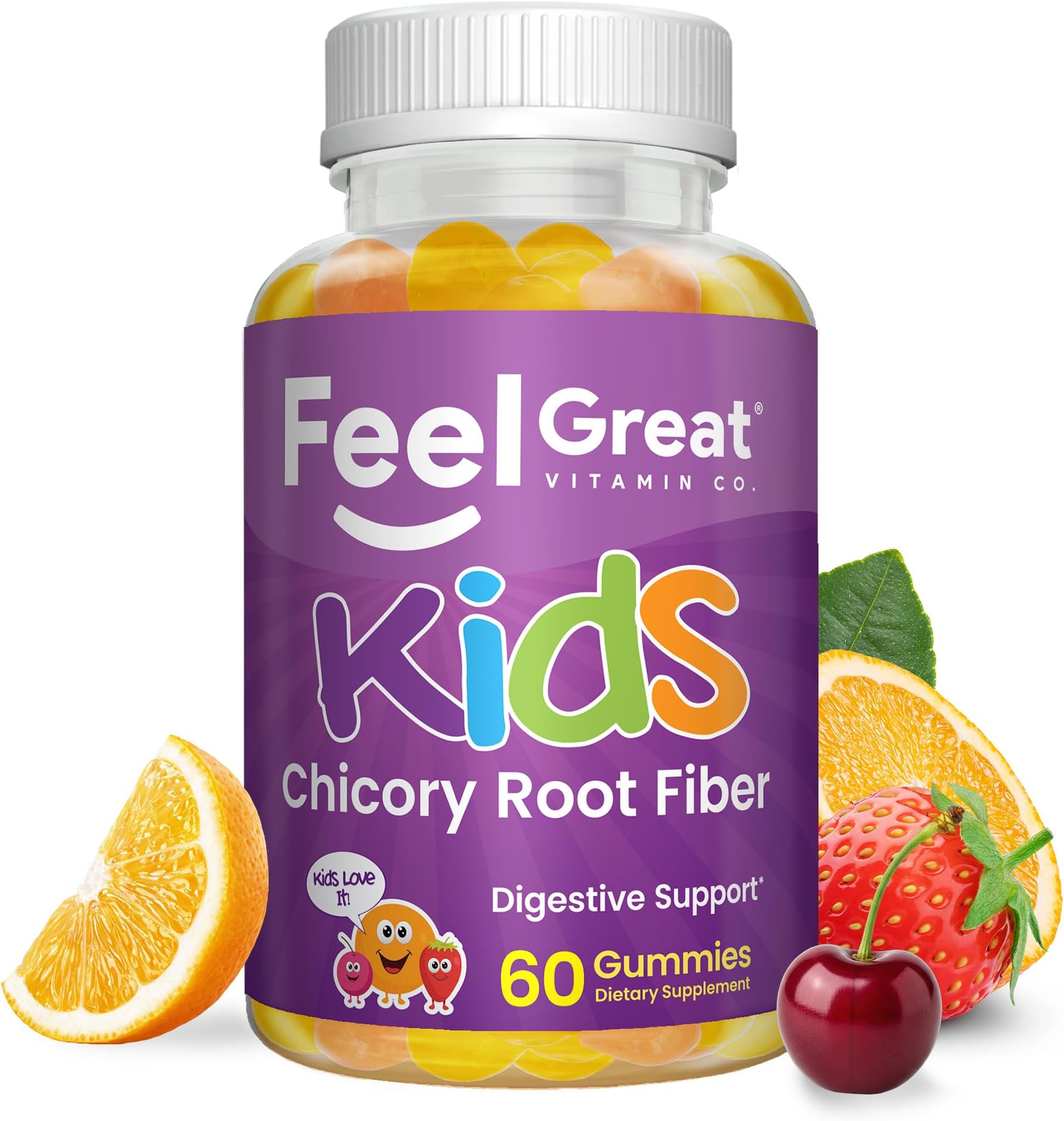 The Feel Great Vitamin Company Fiber Gummies for Kids for Digestive Support | Constipation Relief for Kids | Fruity Flavored Chewable Fiber Gummies | Vegetarian Supplements | 60 Day Supply