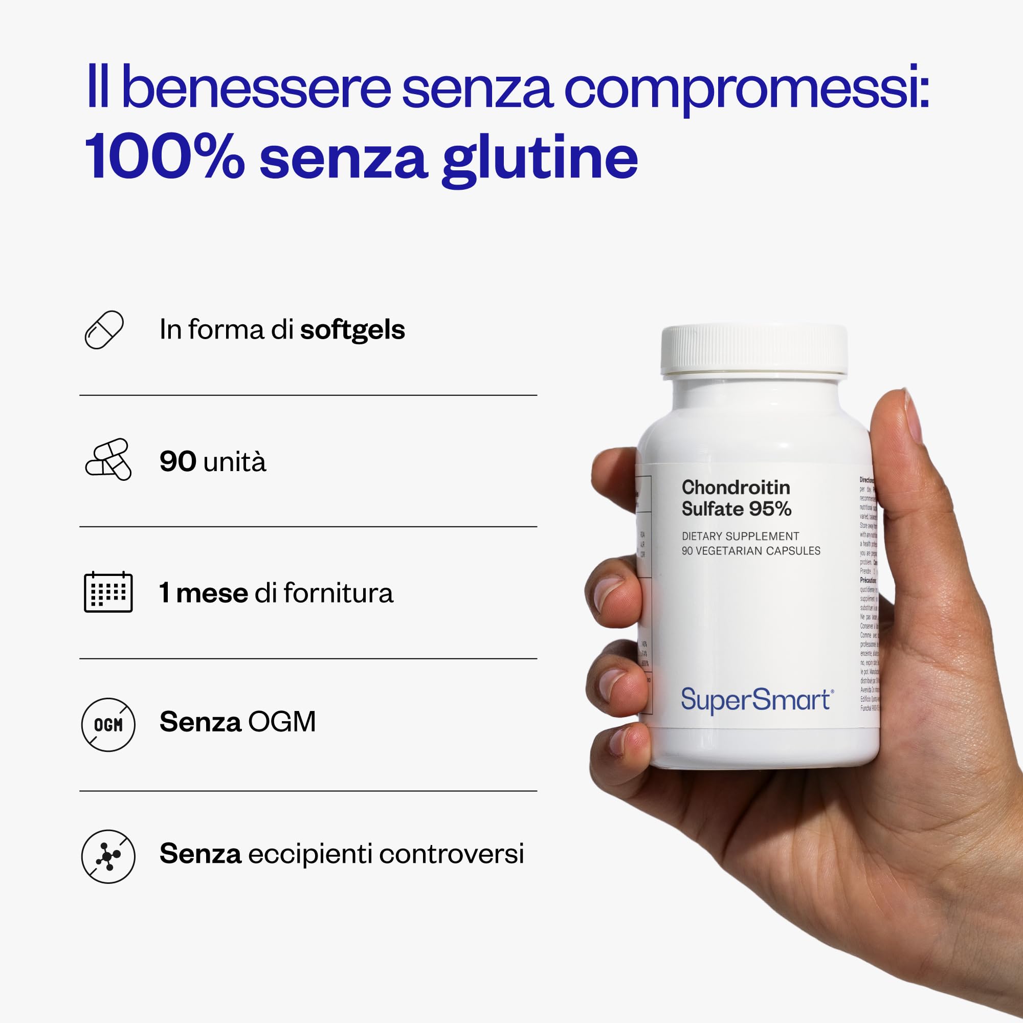 Condroitin solfato 95% - Aiuta ad alleviare i dolori articolari - Cura le articolazioni, le ossa e i muscoli - Purezza eccezionale (95%) - Senza OGM - SuperSmart