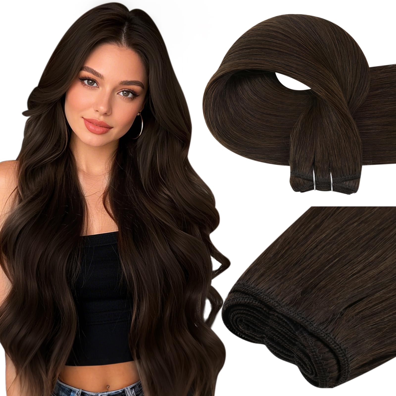 Easyouth Weft Hair Extensions Brown Sew in Human Hair Extensions Darkest Brown Remy Human Hair Weft Extension Blend Seamlessly with Natural Hair 16