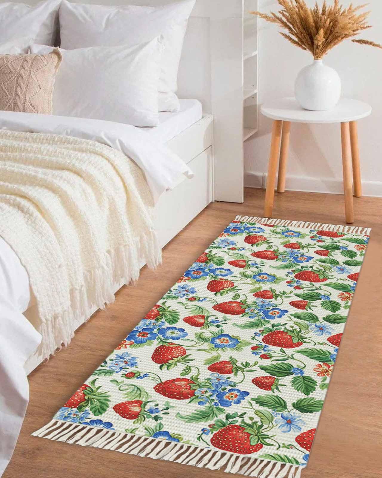 Red Strawberry Kitchen Runner Rug 2'x4', Washable Woven Cotton Area Rug with Tassels Bathroom Hallway Rug, Blue Flower Fruit Leaf Plant Spring