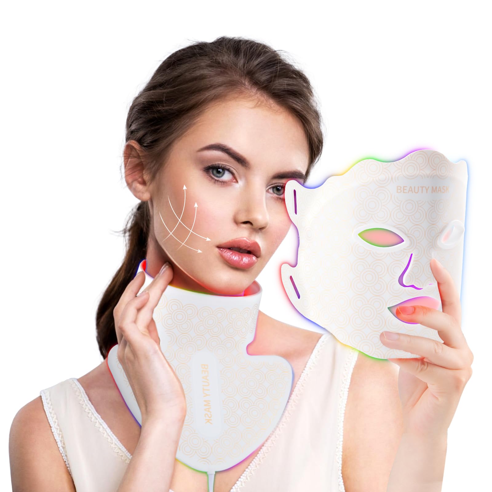 LED Gesichtsmaske Lichttherapie, LED Maske für Gesicht und Hals | 7 Farben Rotlichtlampe Maske Gesicht für Anti-Aging, Akne & Hautstraffung, professionelle Hautpflege für zu Hause Beauty Weiß