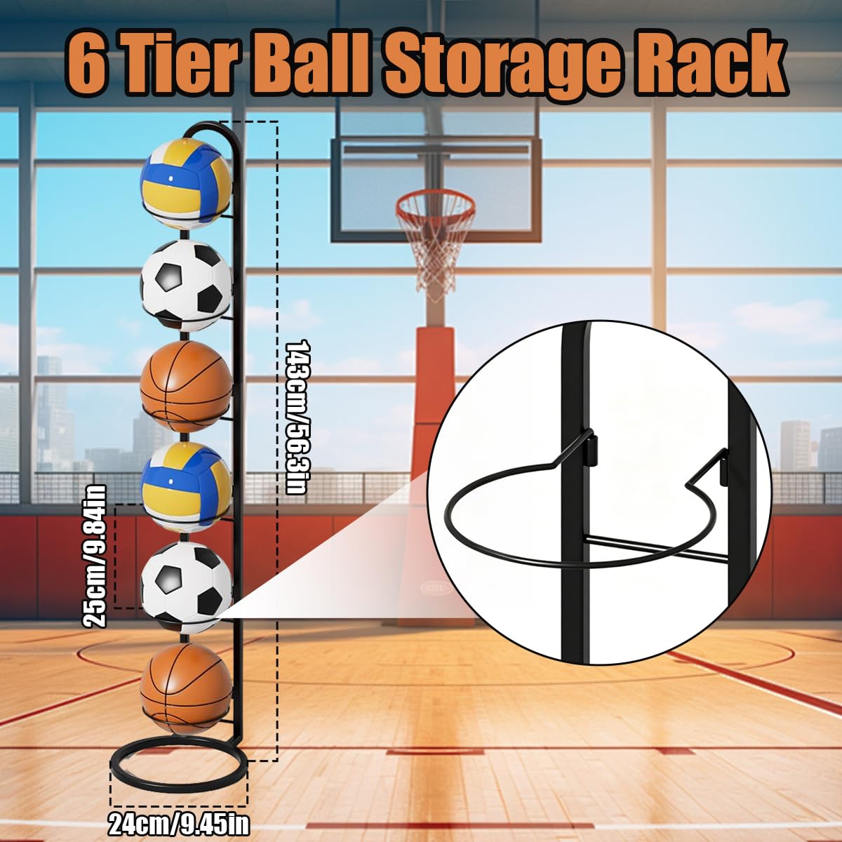 Support Ballon Foot à 6 Niveaux, Rangement Ballon Vertical, Support Ballon Basket en Métal, Porte Ballon Amovible pour Football, Basketball, Volley-Ball et Rugby