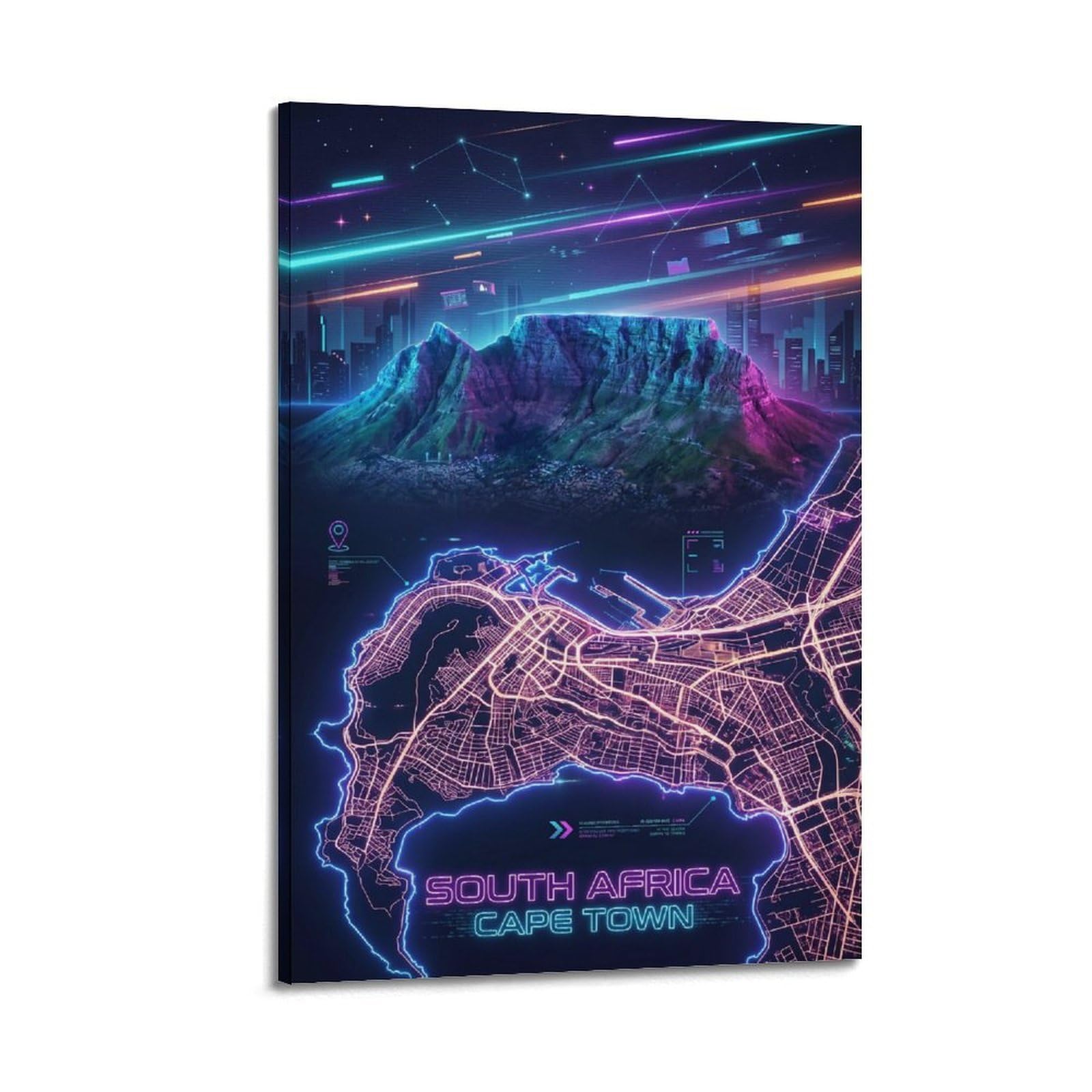 OKAHYS South Africa Cape Town 80s Neon City Gamer Room Poster Modern Decorative Canvas Prints - Ideal Wall Art for Family, Man Cave, Game Room, Boys & Girls Bedroom 20x30inch(50x75cm)