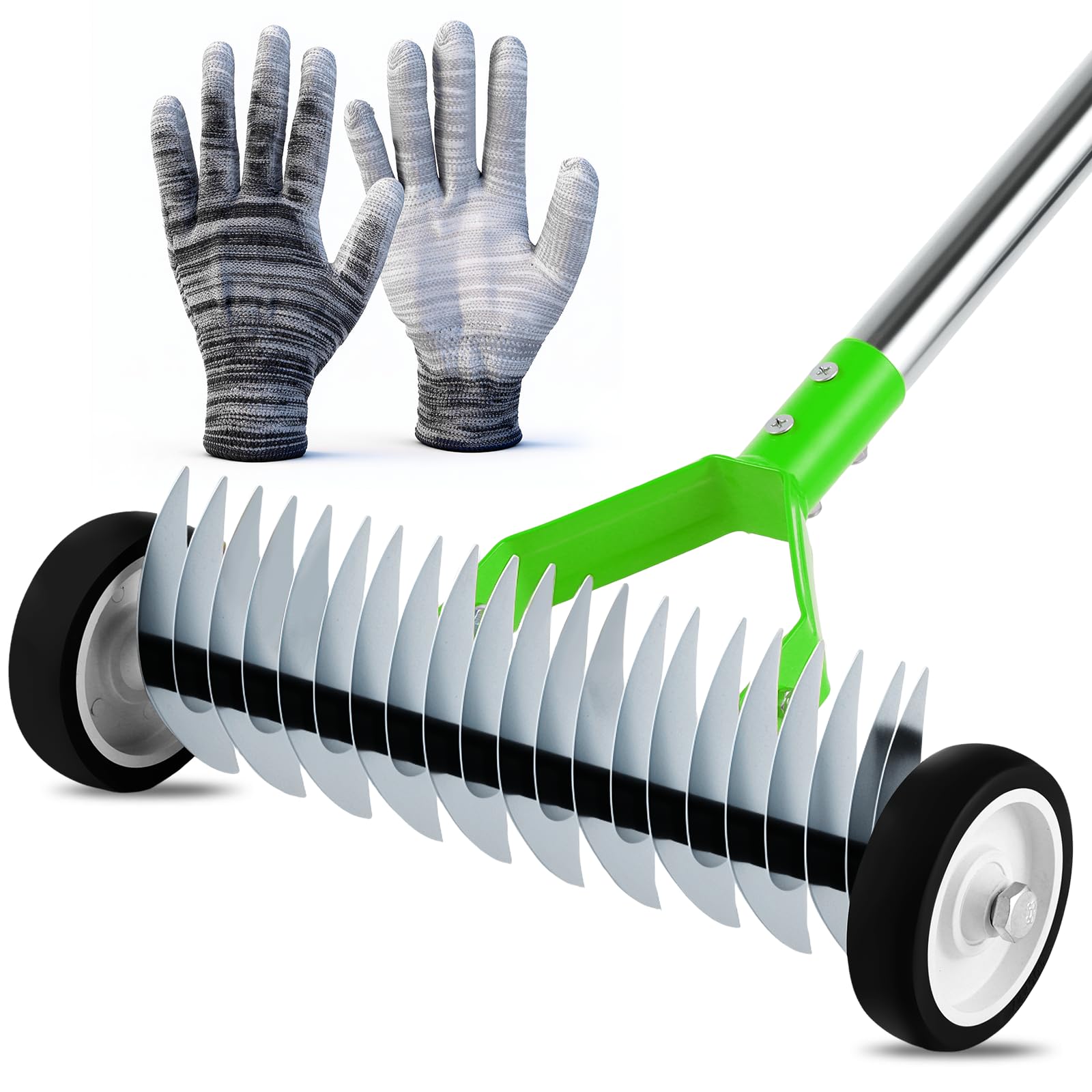 Photo 1 of Rolling Thatch Rake for Lawns, 15.28 Inch Steel Dethatcher Rake with Wheels, Adjustable 0-15° Angle & 62.99 Inch Handle, Heavy-Duty Yard Tool for Dead Grass/Moss Removal & Lawn Care