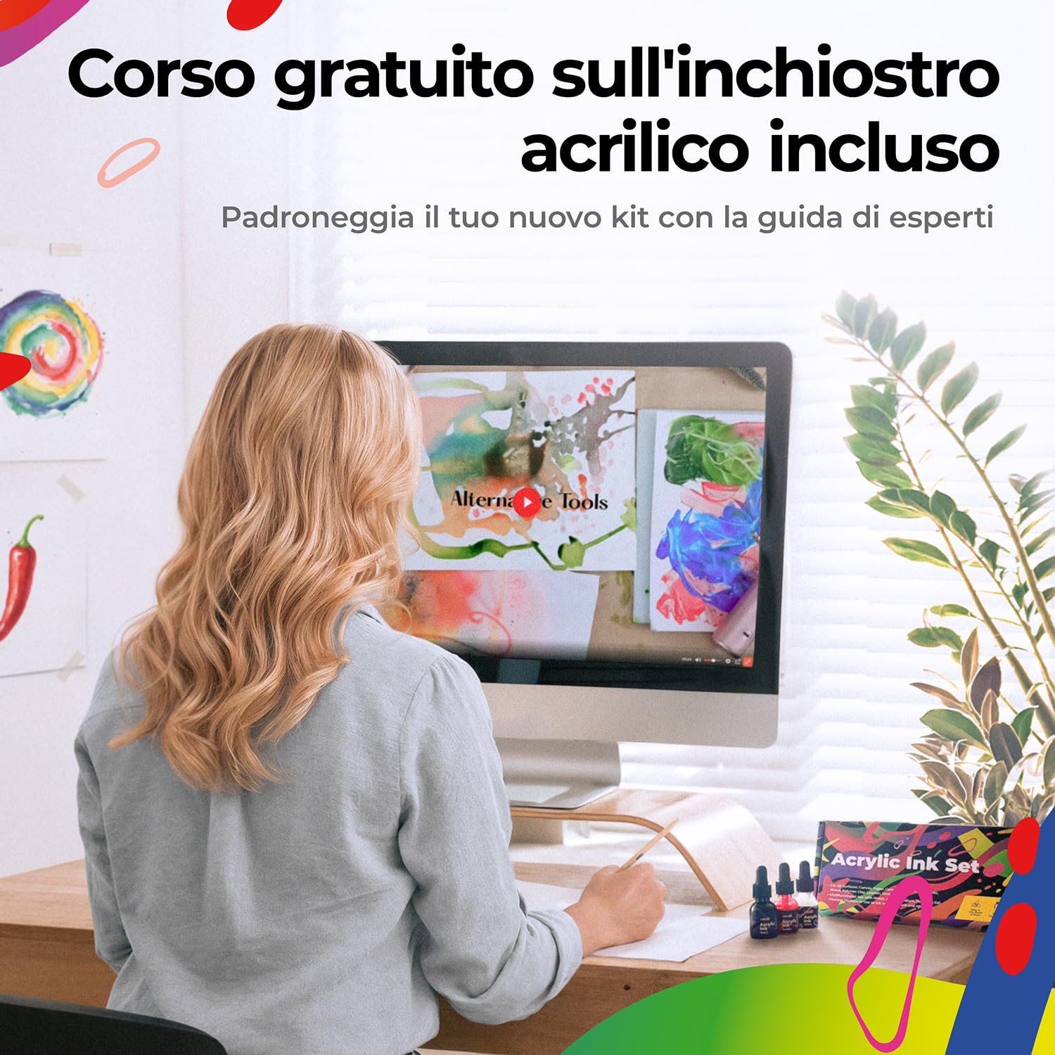 Colozoo Set di Inchiostri Acrilici 8x20ml, permanenti e impermeabili, 6 colori primari e 2 neon, pittura liquida per aerografo, pouring, medium acrilico, per tutte le superfici