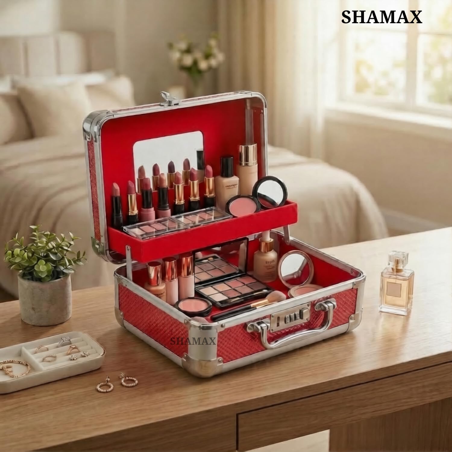 SHAMAX® Hard Shell Cosmetic Organizer Makeup Train Case with Combination Lock and Mirror - Portable Beauty Organizer, Travel-Friendly (29×22×15 cm) Red 2