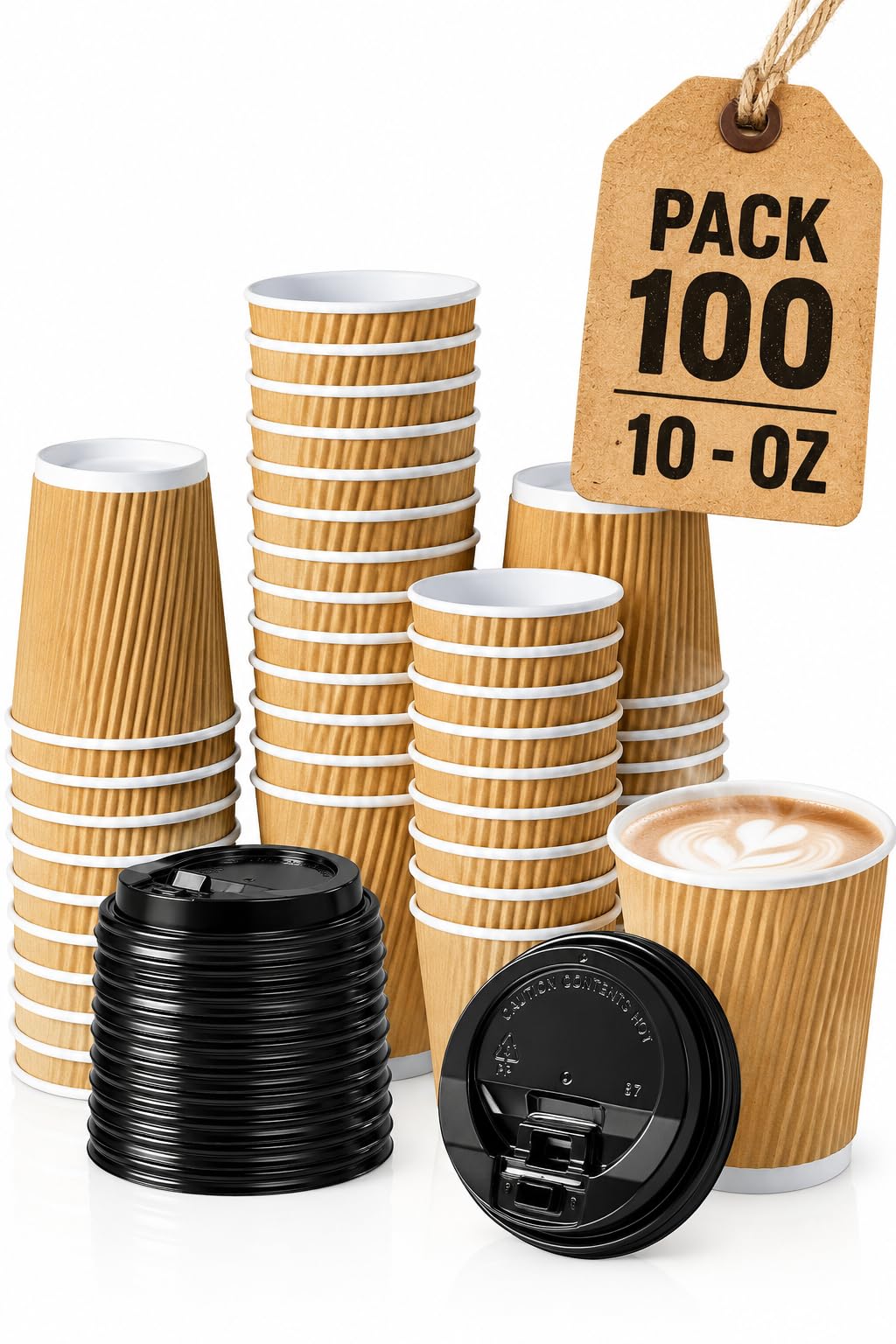 100 x 10oz Disposable Ripple Kraft Triple Walled Paper Brown Cups with Lids (for Tea, Coffee, Cappuccino Hot Drinks, Takeaway (10 Ounce Brown 100 Pack)