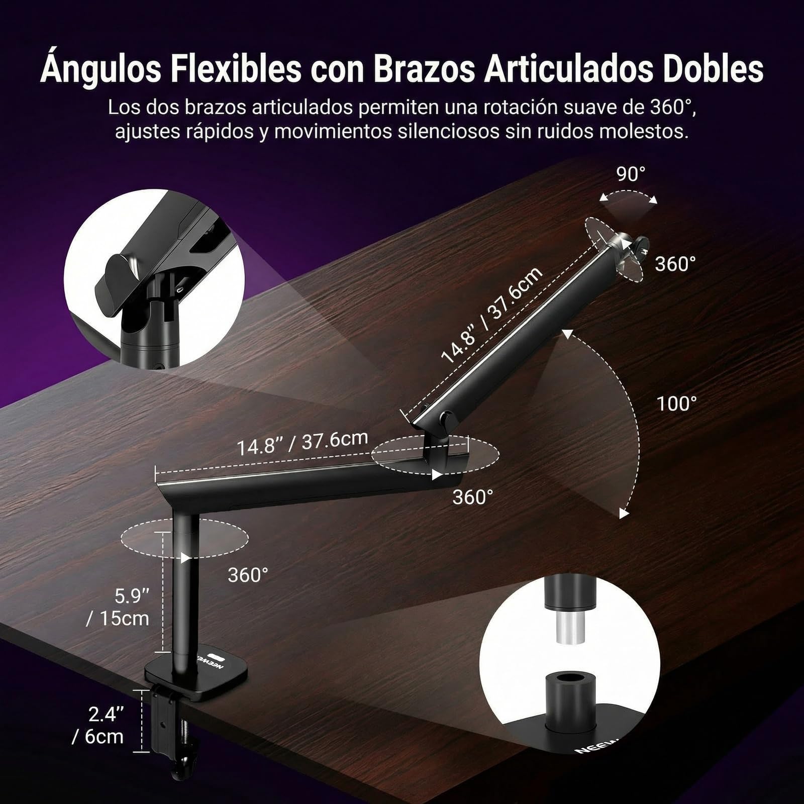 NEEWER Soporte de micrófono, soporte de micrófono amortiguado de perfil bajo, soporte de escritorio con brazo de brazo, cabeza de bola de 360°, canales de cable mejorados, adaptadores de 3/8 pulgadas