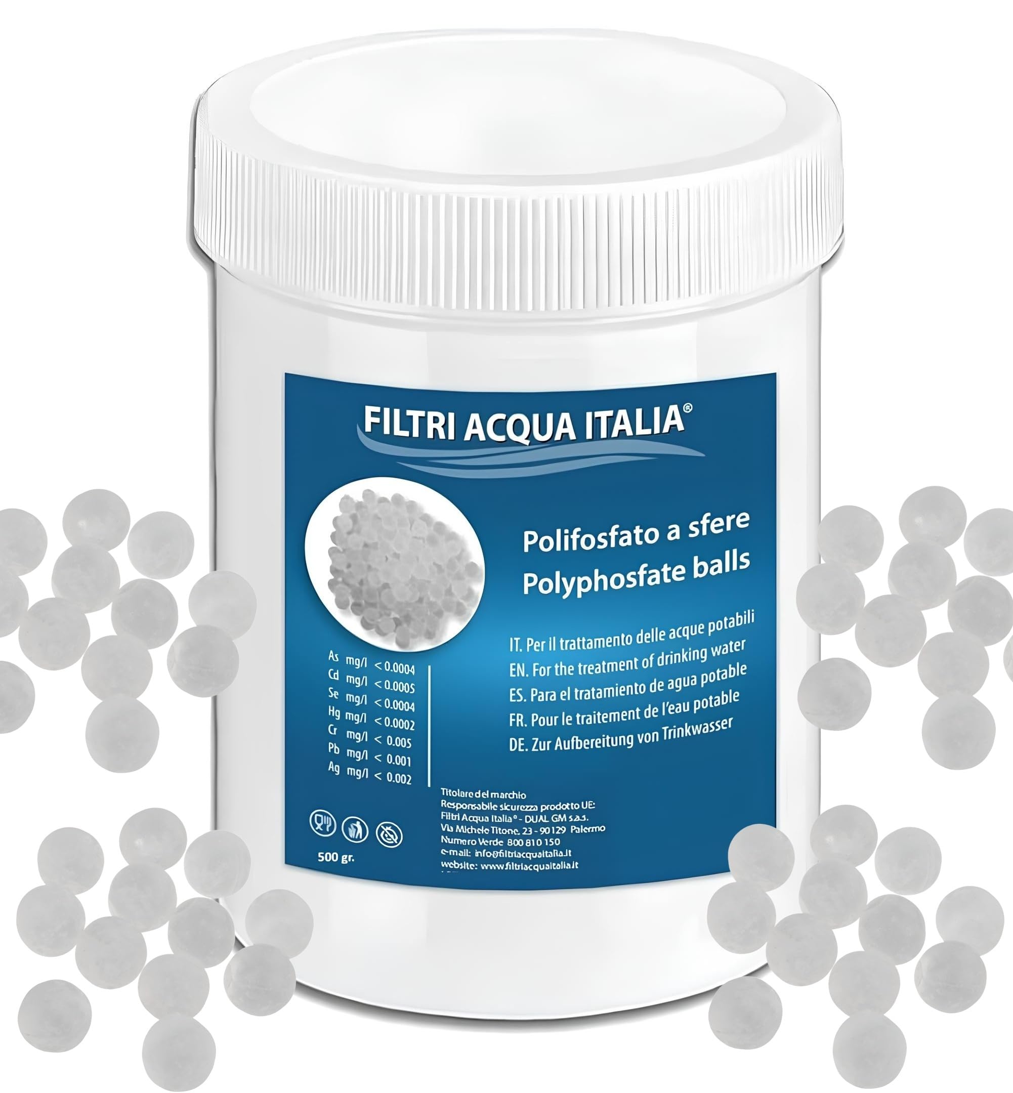 Polifosfati a Sfere 500 gr. Ricarica per Filtri Anticalcare Lavatrice, Dosatori ecc.