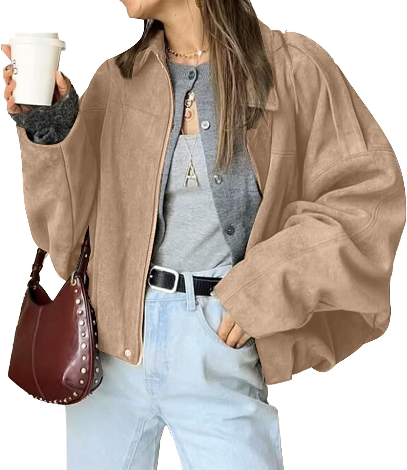 HOTIAN Women's Faux Suede Bomber Jacket Zipper Pilot Coat Casual Lapel Oversized Long Sleeves Y2K Outerwear Coats
