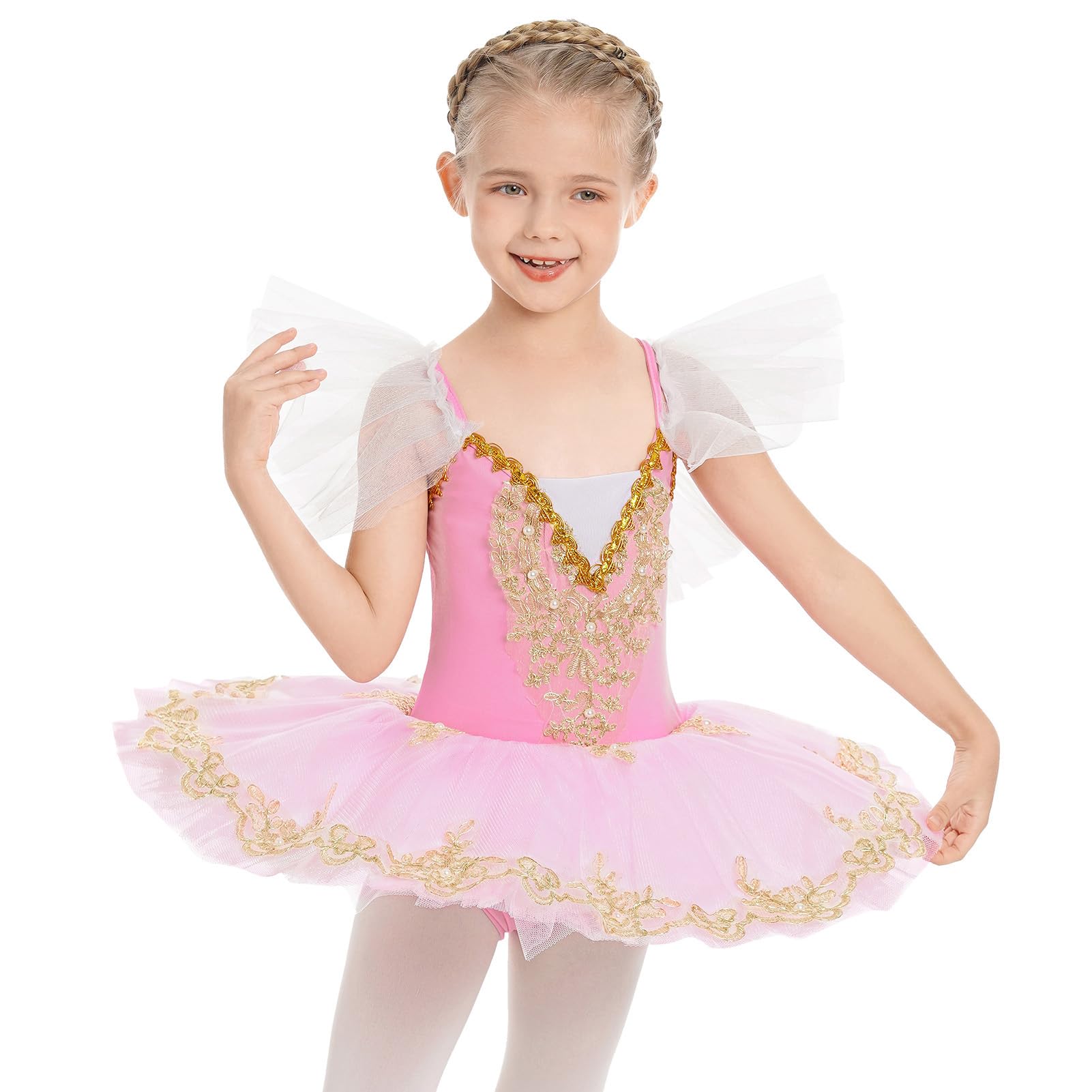 IWEMEK Robe de Ballet Fille Tenue Danse Classique avec Tutu Tulle Plateau Lac des Cygnes Justaucorps Broderies Perles Enfant Ballerina Princesse Costume Danseuse Manches à Volants 4-14 Ans